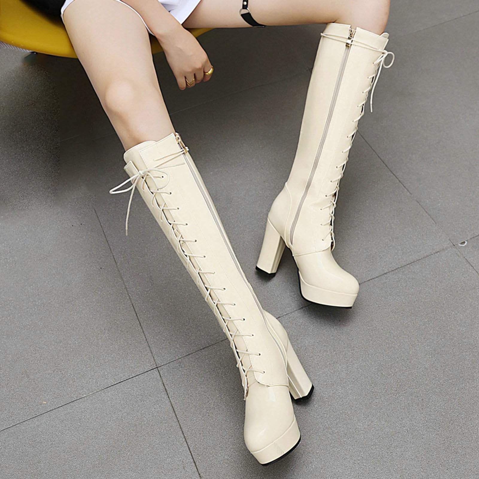 LUXMAX Women's Patent Leather Knee High Boots - Lace Up Platform Block Heel Gothic Long Boots for Women | Closed Toe Tall Boots for Party, Night Out & Winter Fashion