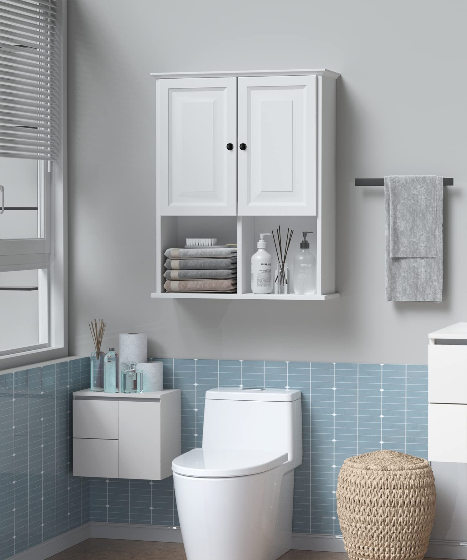 HAIOOU Motion Sensor LED Bathroom Wall Cabinet - Wooden Medicine Storage Cabinet with Adjustable Shelf, Buffering Hinges - Modern White Over Toilet Organizer for Bathroom, Bedroom & Home Decor