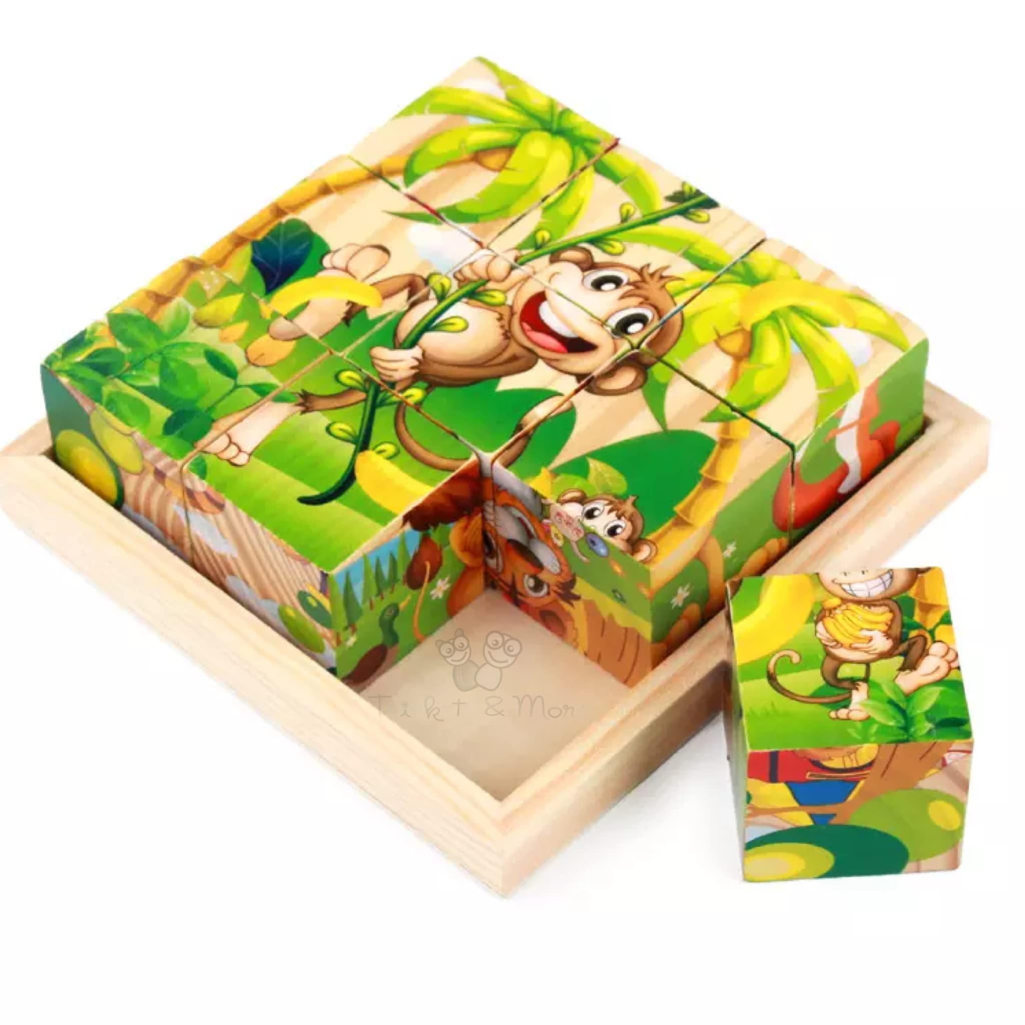3D Animal Block Puzzle - 6 Face Wooden Cube Jigsaw Toy with Storage Tray (9 Pieces, Wild Animals) - Educational Montessori Learning Game for Toddlers 3+ Years - Perfect for Preschool Classroom & Birthday Gifts