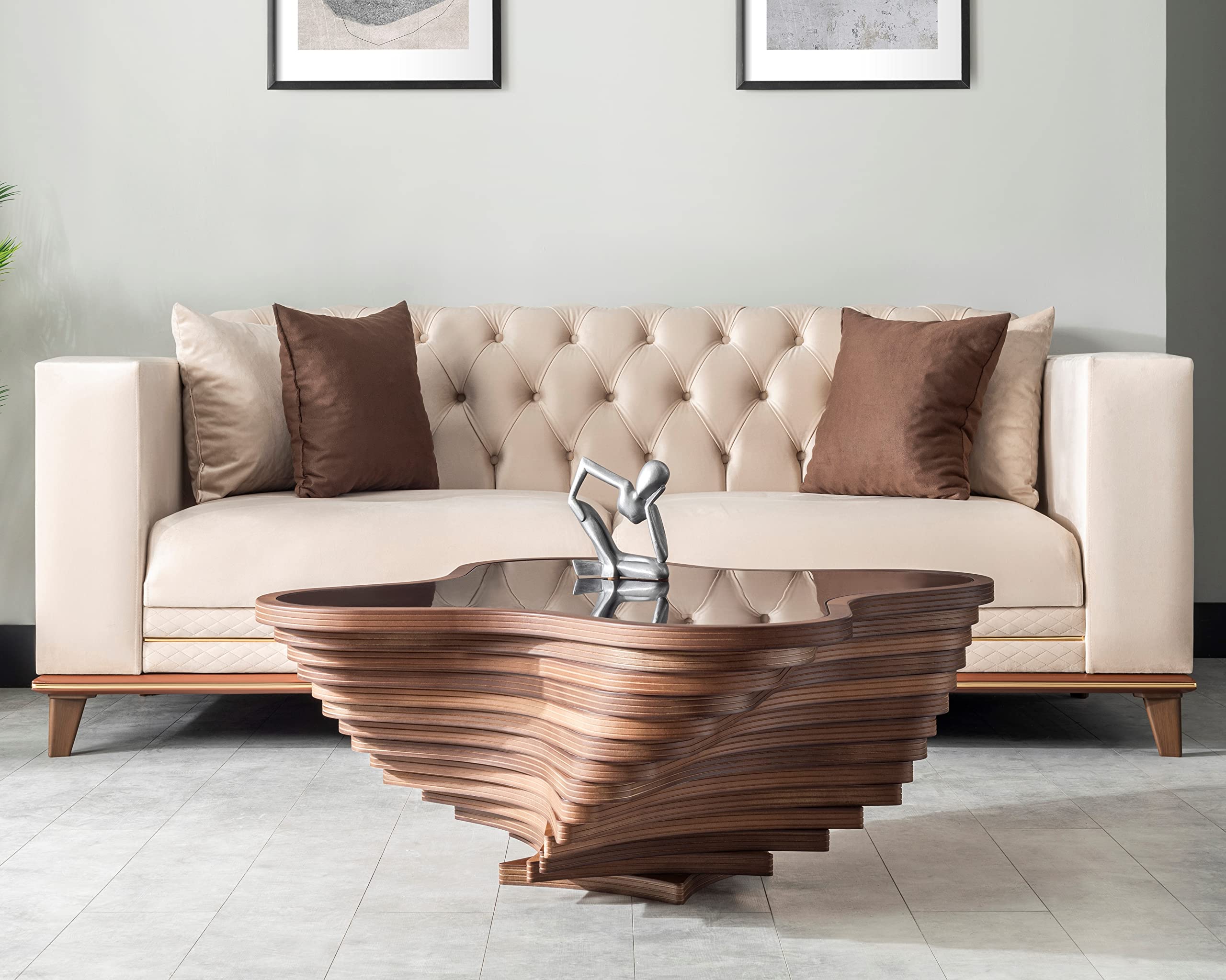 Modern Coffee Table with Natural Walnut Veneer & Tempered Glass Top - Layered Wave Design Rustic Wood Living Room Table - Luxury Home & Office Decor - Perfect for Contemporary Living Rooms, Offices and Lounge Areas