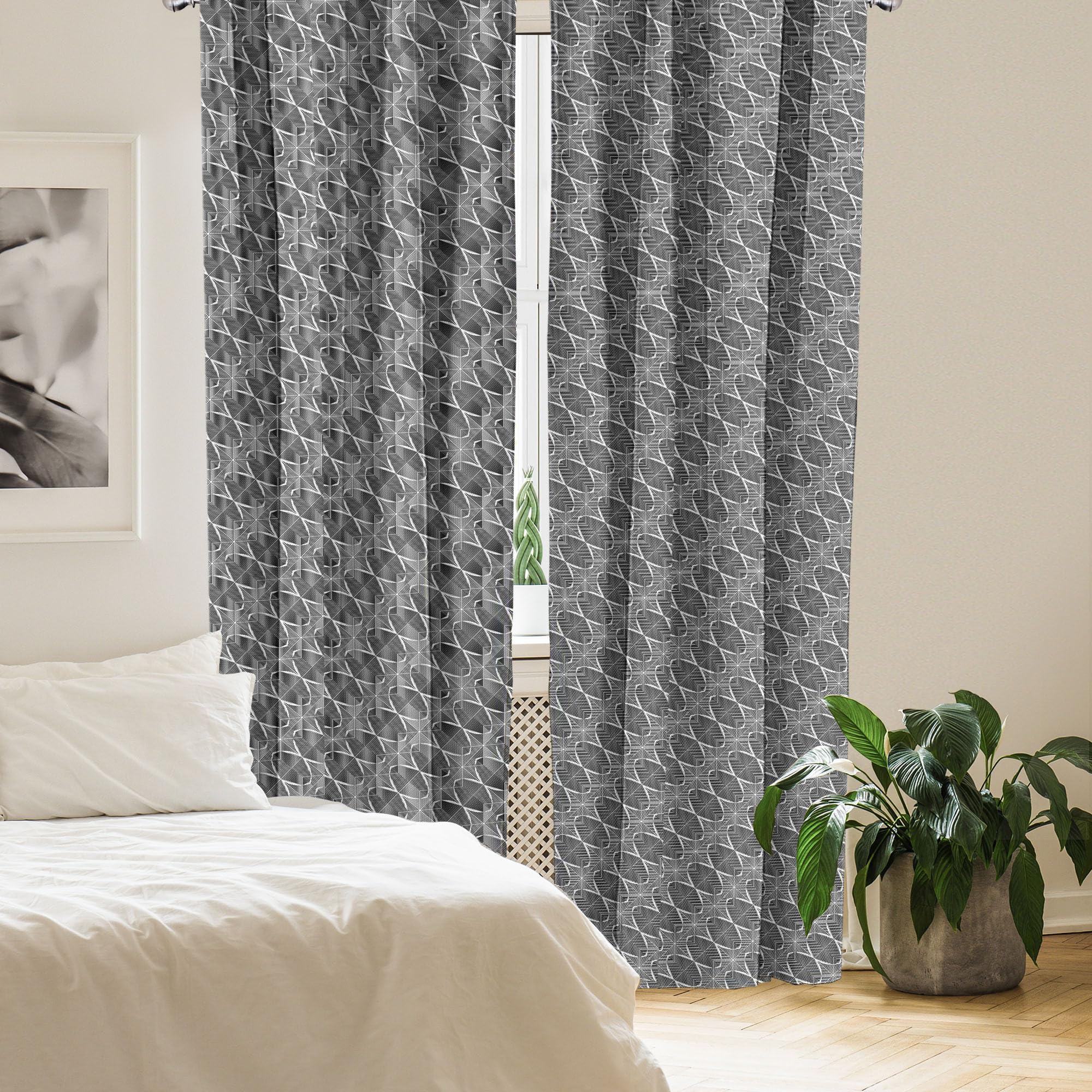 Ambesonne Abstract Window Curtains - Modern Geometric Grey & White Design, Lightweight 2-Panel Set with Rod Pocket (28