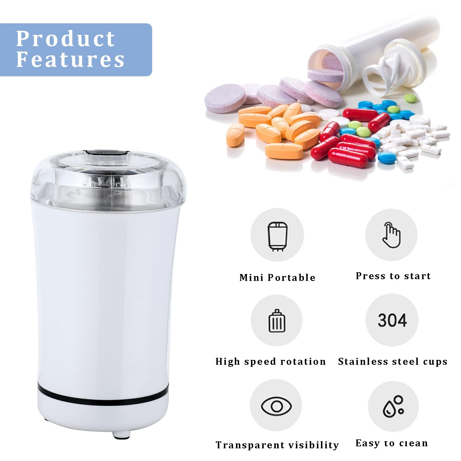 Electric Pill Crusher Grinder - Easily Crush & Grind Multiple Pills, Vitamins & Tablets into Fine Powder | Perfect for Feeding Tubes, Children & Pets | Compact & Powerful White Pill Crusher for Home, Travel & Medical Use