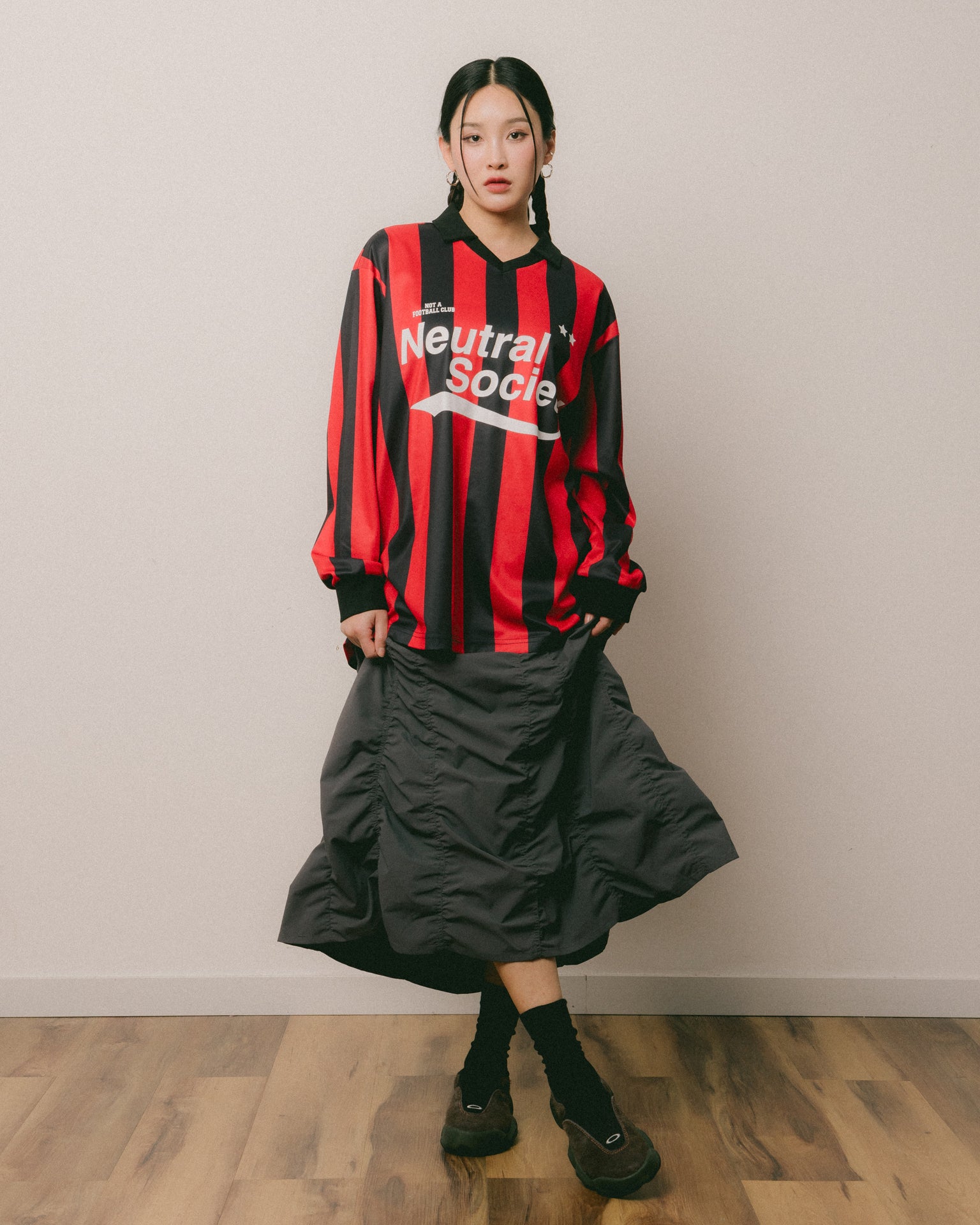 Neutral Society Puckering Balloon Skirt in Dark Grey - Stylish A-Line Midi Skirt for Women, Perfect for Casual Outings, Office Wear & Special Occasions