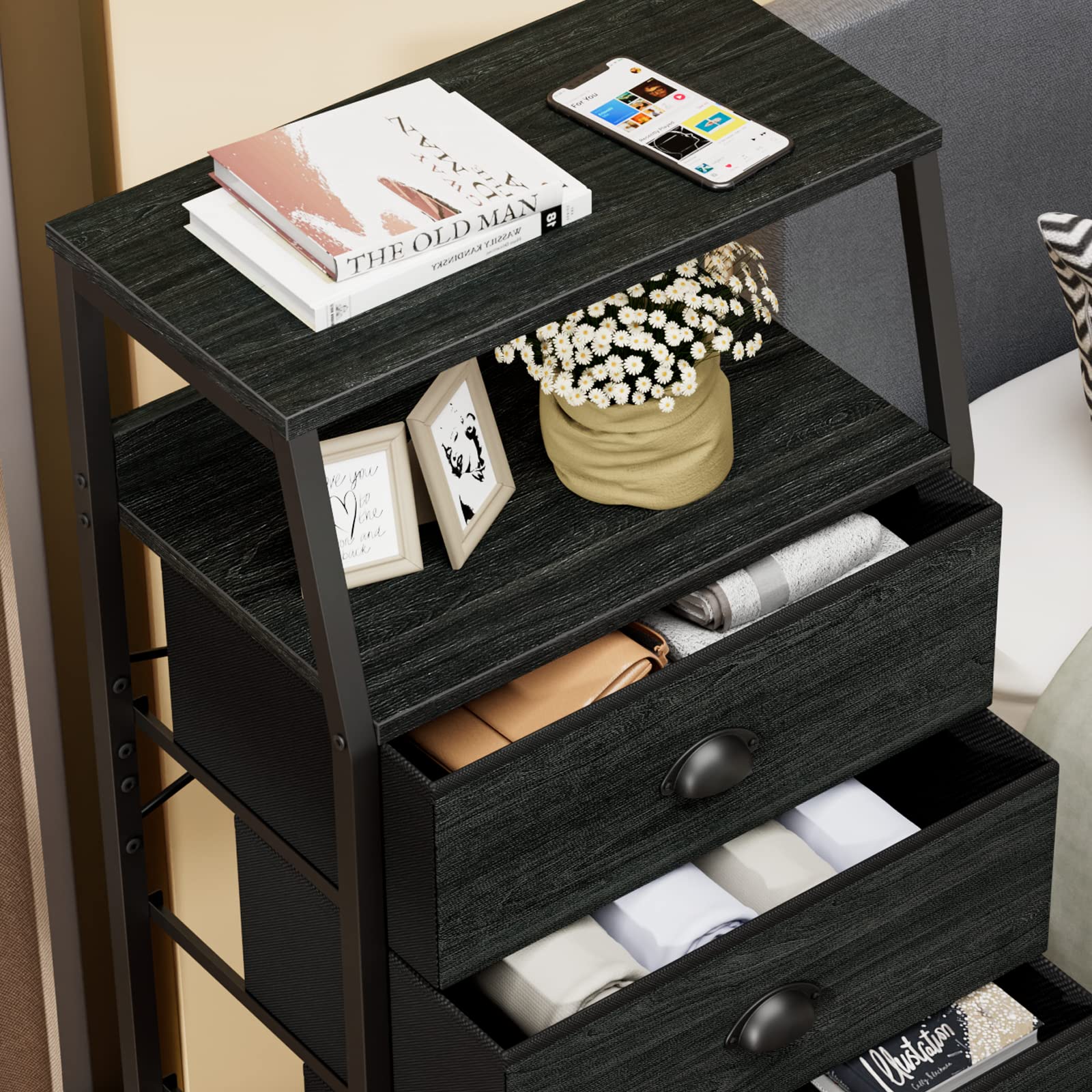Furnulem Tall 4 Drawer Dresser - Vertical Storage Tower Organizer with Sturdy Steel Frame & Wood Top for Bedroom, Hallway, Entryway, Nursery | Space-Saving Closet & Nightstand Solution for Small Rooms & Apartments
