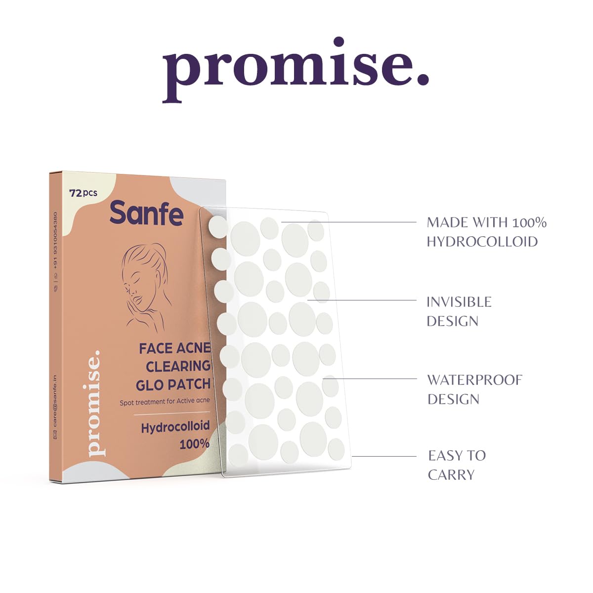 Sanfe Promise Hydrocolloid Acne Patches - Pack of 72 | Invisible Pimple Healing Patches for Face | Absorb Blemishes & Spots | Skin Treatment for Acne-Prone Skin | Perfect for Overnight Use & Daily Spot Treatment
