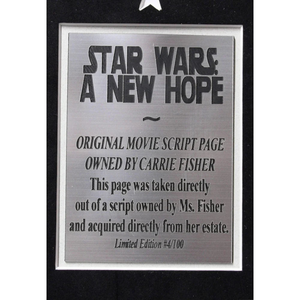Original Star Wars A New Hope Script Page Owned by Carrie Fisher - Framed Limited Edition #D/100 with Estate COA - Perfect for Movie Memorabilia Collectors & Star Wars Fans Display