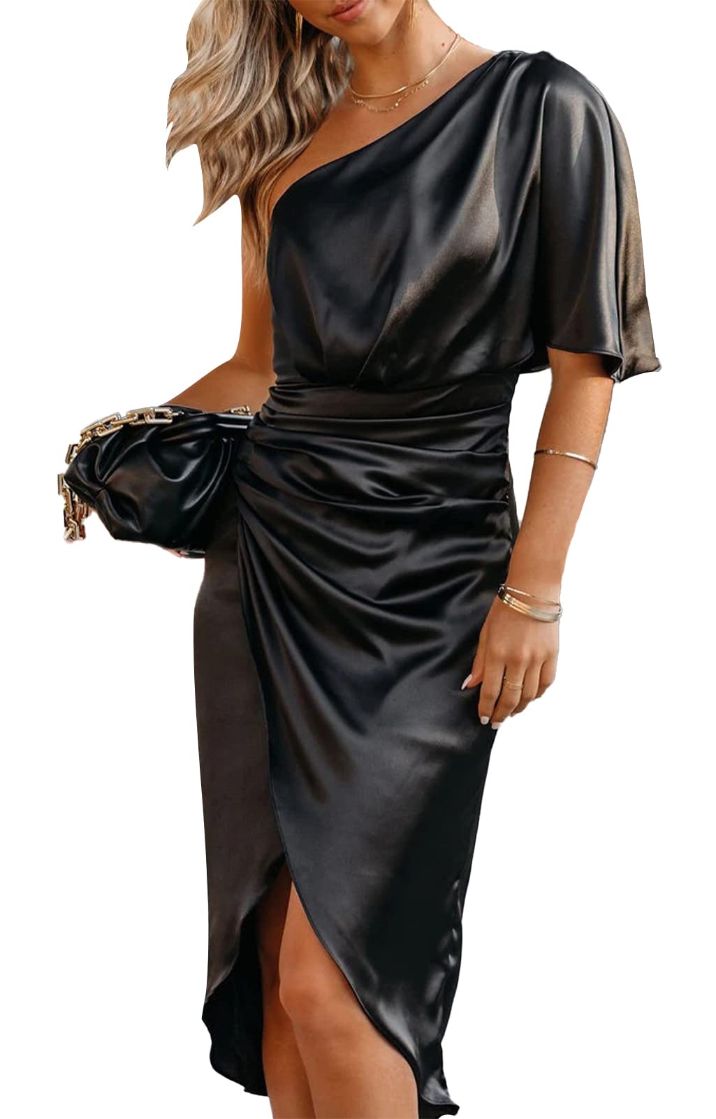 Popomelo Women's Sexy One Shoulder Satin Mini Dress with Bat Sleeve - Asymmetrical Cocktail Dress for Evening Parties, Elegant Slit Design - Perfect for Night Out, Club Wear, Date Night & Special Occasions