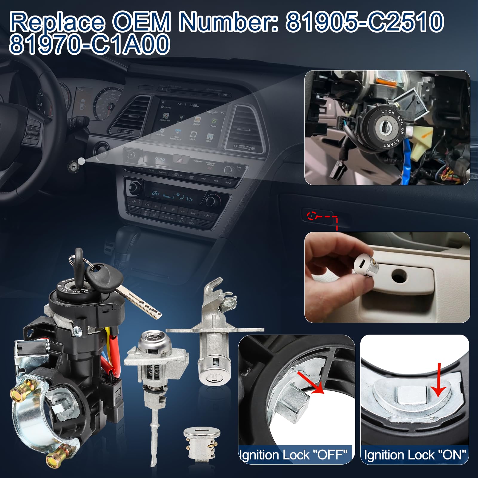Ignition Lock Switch Assembly 81905-C2510 for 2015-2019 Hyundai Sonata - Complete Ignition Lock Cylinder & Housing Kit with 2 Door Locks, Glovebox Lock & 2 Keys (81970-C1A00) - Perfect for Car Security & Key Replacement
