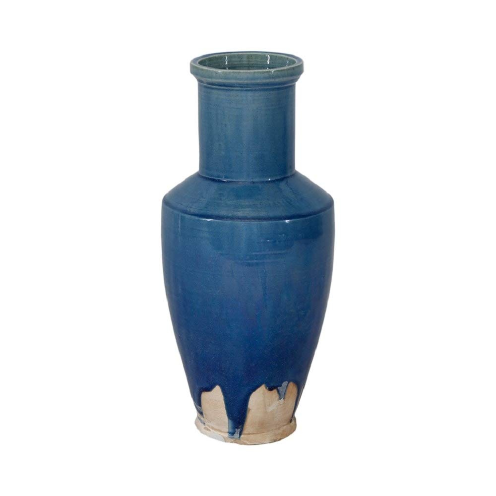 Antique Blue Ceramic Tall Round Vase - 9.8 Inch Home Decor for Living Room, Dining Table, Wedding Centerpiece