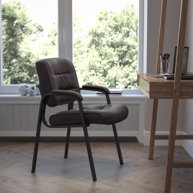 Premium FLASH Haeger Leather Executive Office Chair - Black Metal Frame Reception Seating for Professional Workspaces & Conference Rooms