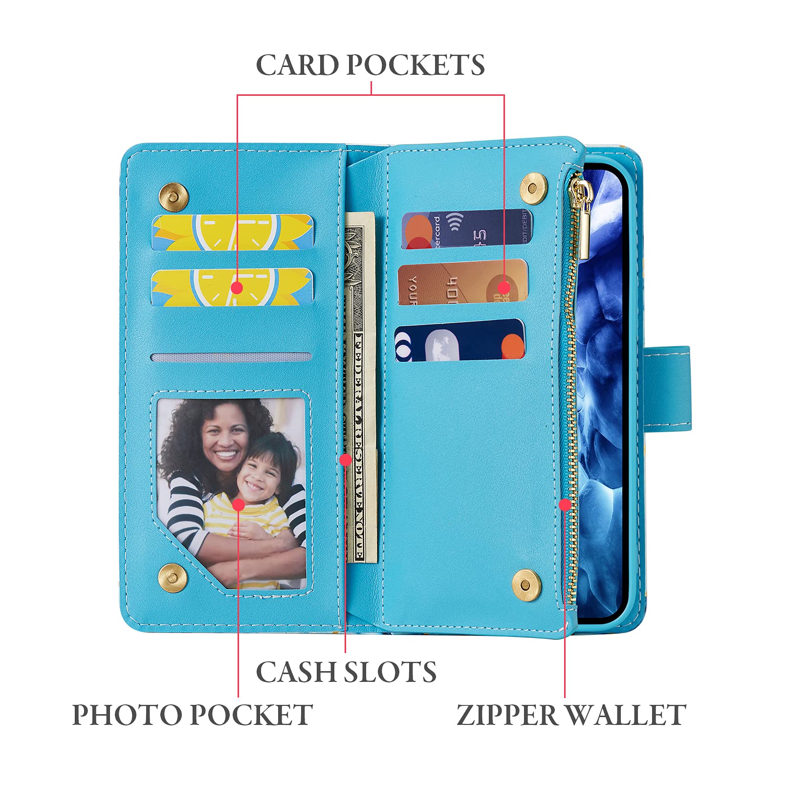 Premium PU Leather Wallet Case for iPhone 12 Pro Max - Magnetic Closure, Zipper Pocket, Kickstand & Card Slots with Hand Strap | Stylish Marble Blue Flip Phone Case for Women | Perfect for Work, Travel & Everyday Use