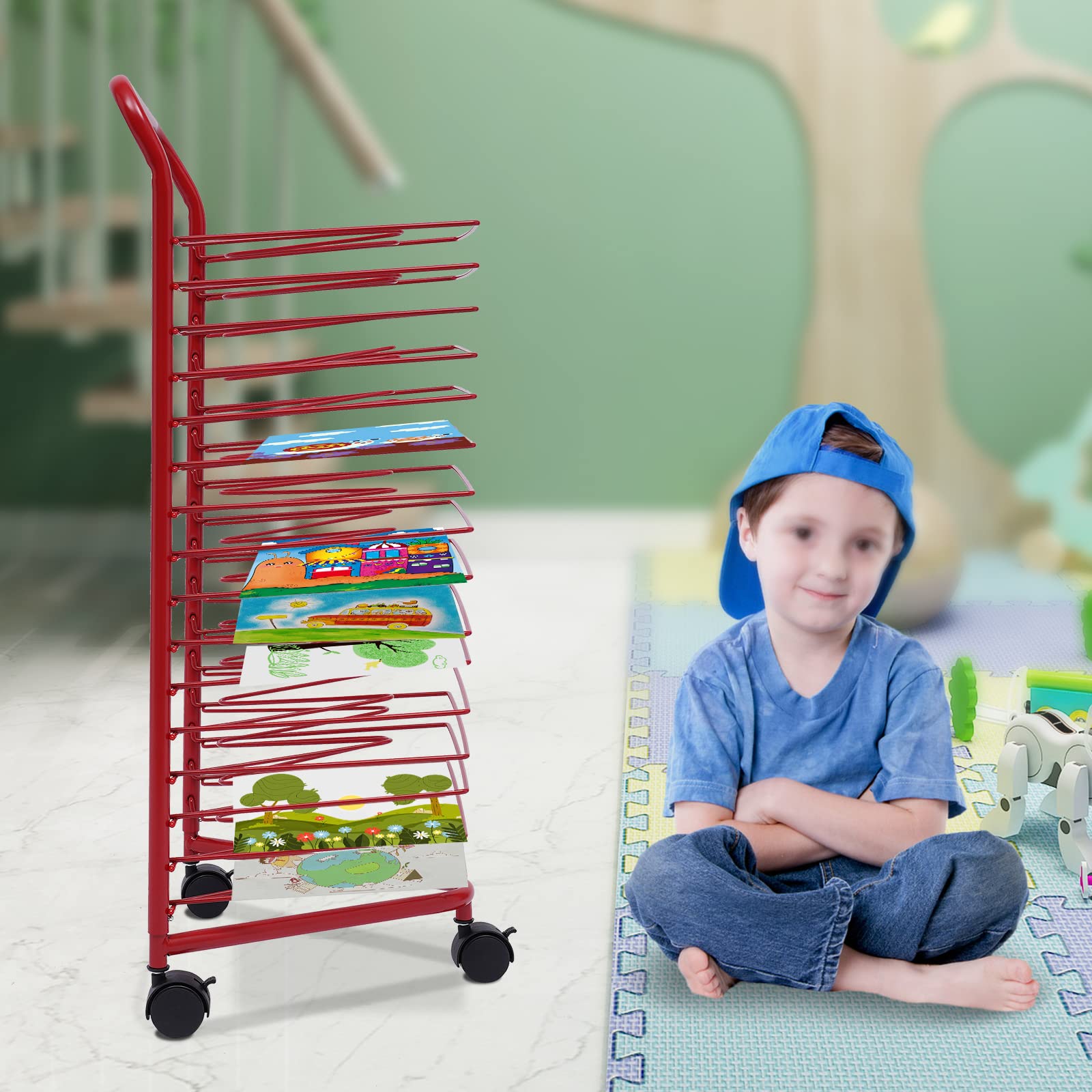 16-Shelf Metal Art Drying Rack with Wheels - Heavy Duty Classroom Paint Storage Display Organizer for Kids Artwork, School Projects & Craft Drying - Perfect for Art Rooms, Studios & Preschools