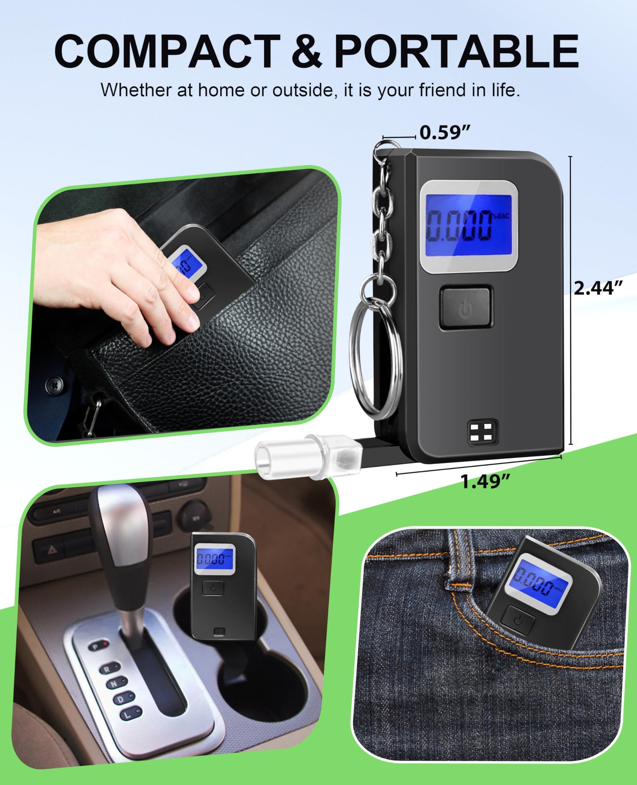 Professional-Grade Breathalyzer Keychain - High Accuracy Alcohol Tester with LCD Display & 5 Mouthpieces | Portable Personal & Home Use for Parties, Driving Safety & Workplace Testing