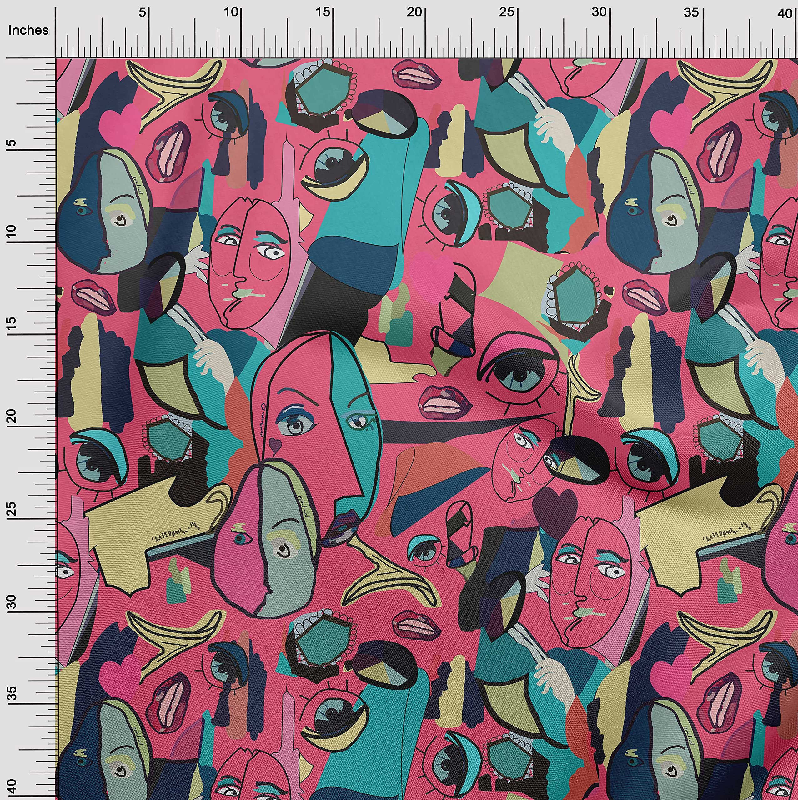 oneOone Cotton Flex Pink Abstract Comic Face Print Fabric by The Yard - 40 Inch Wide Soft Dress Material for DIY Fashion, Quilting & Home Decor Projects