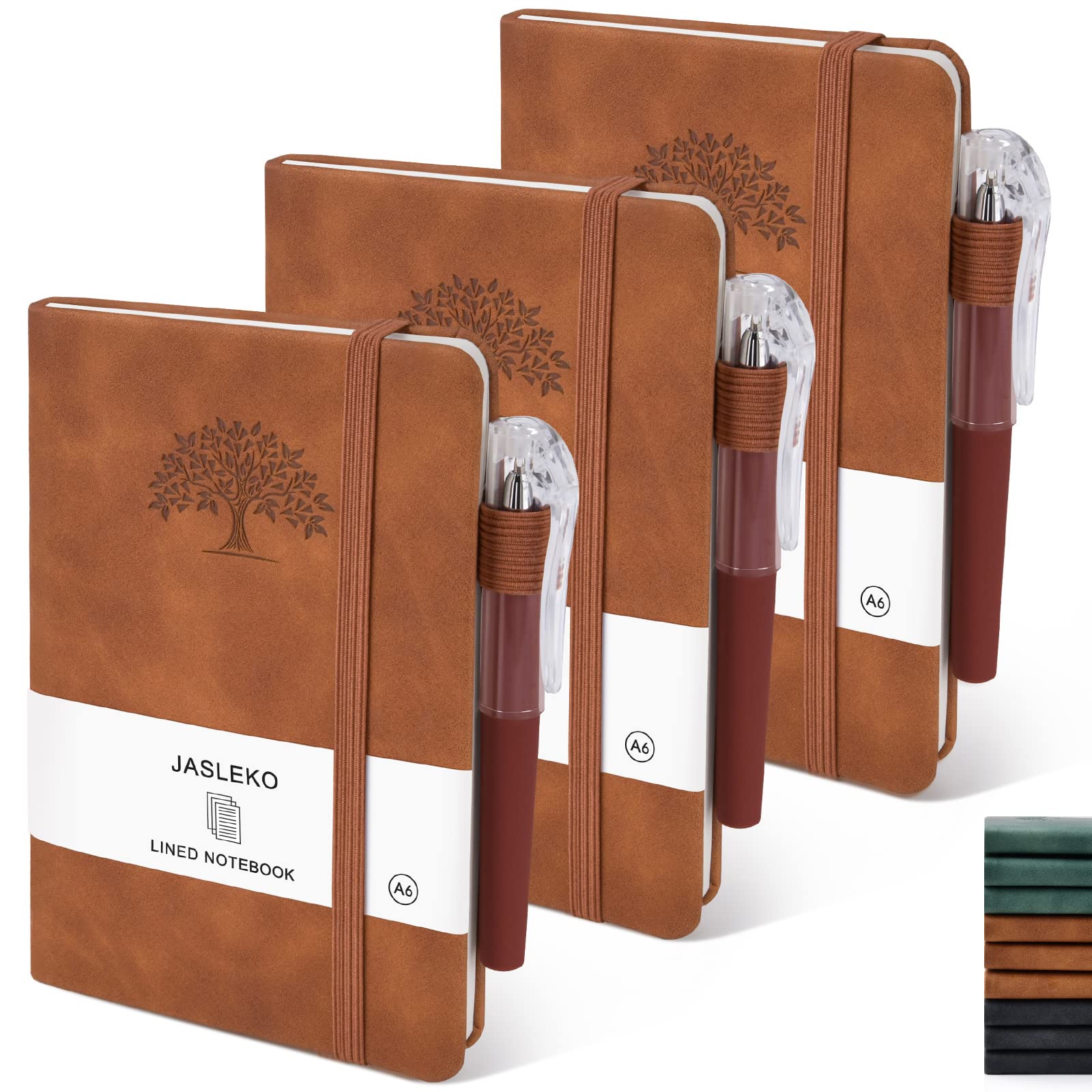 JASLEKO 3-Pack A6 Hardcover Pocket Notebook Set - 480 Lined Pages, Mini Leather Journal with Pen, 3.7