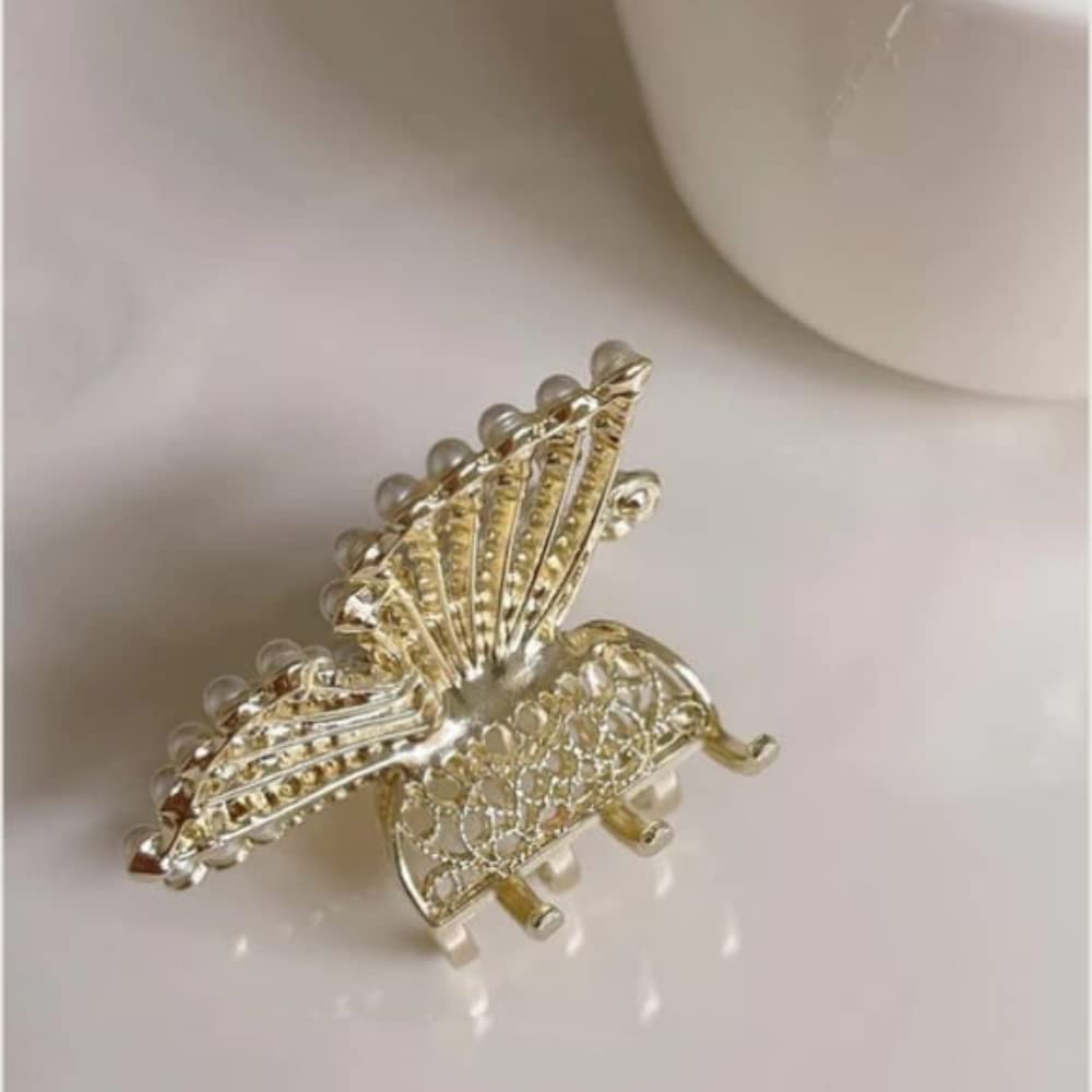 RSJ TRADERS Elegant Pearl Hair Clips for Women & Girls - Metal Claw Butterfly Hair Clip with Pearls - Perfect for Weddings, Parties & Everyday Use