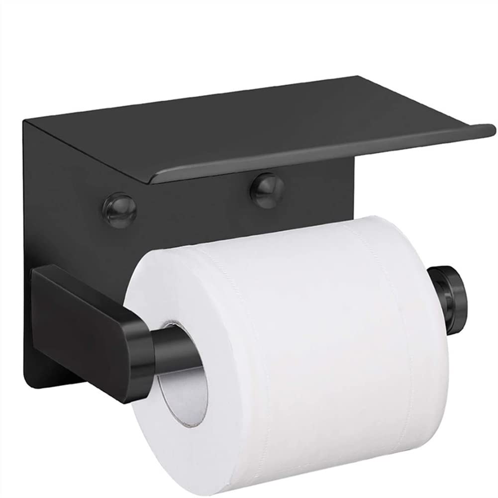 WXXGY Wall Mounted Toilet Paper Holder with Shelf - Black Bathroom Organizer for Phone, Towel & Roll Storage - Perfect for Small Spaces, Modern Bathroom Decor & Home Organization