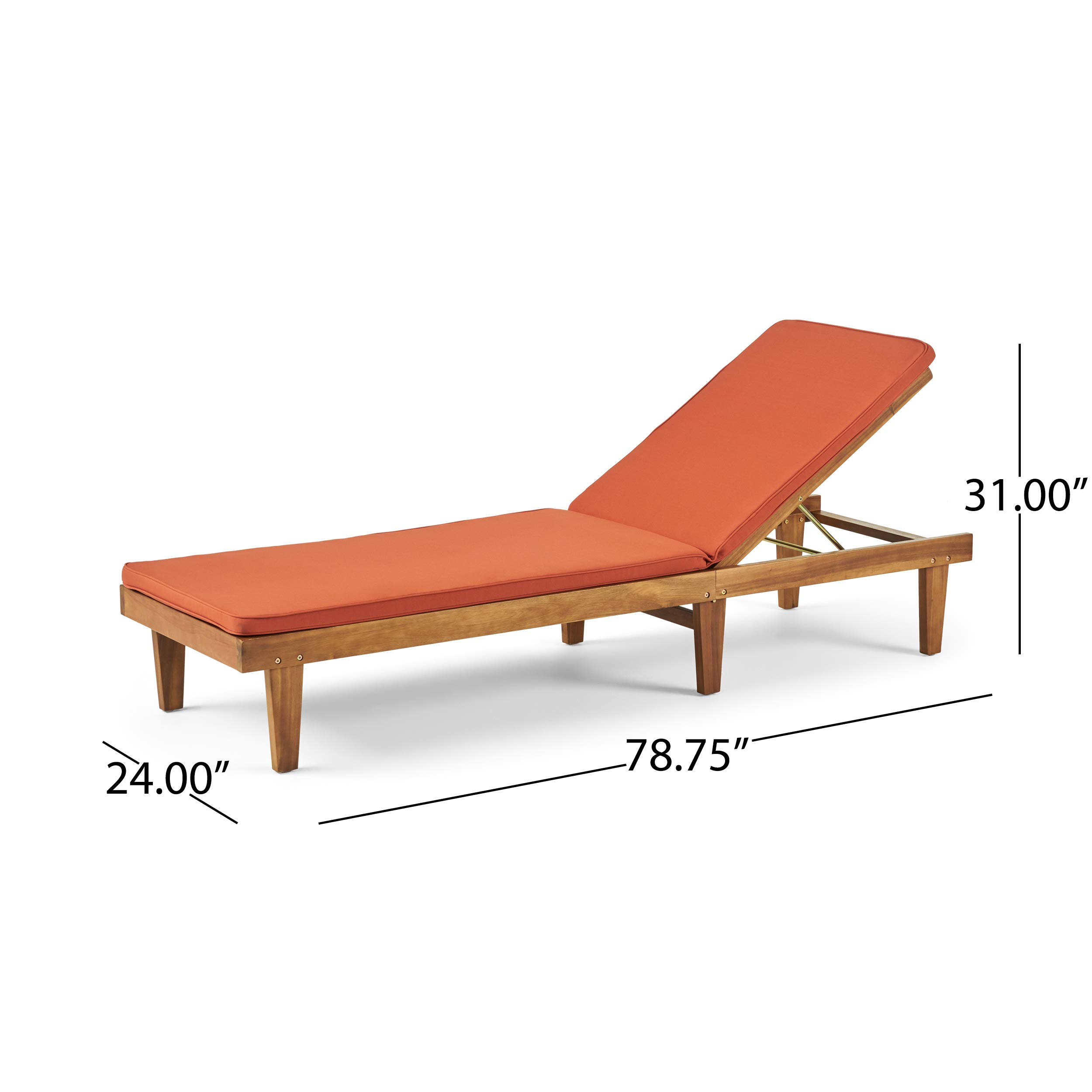 Premium Acacia Wood Outdoor Chaise Lounge with Rust Orange Cushion Set - Durable Patio Furniture for Poolside Relaxation & Garden Lounging