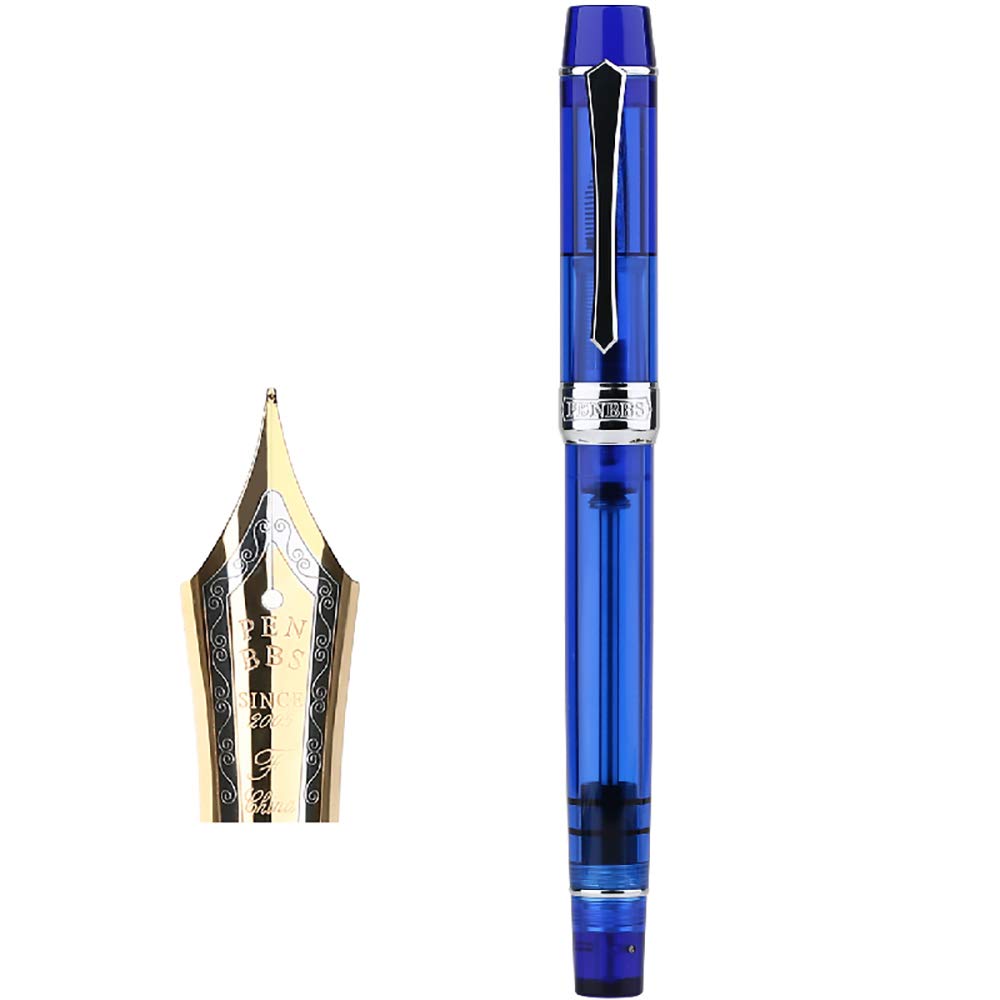 Premium PENBBS 355 Vacuum Filling Fountain Pen - Acrylic Transparent Blue with Iridium Fine Nib - Smooth Writing Pen Set for Calligraphy, Journaling & Office Use