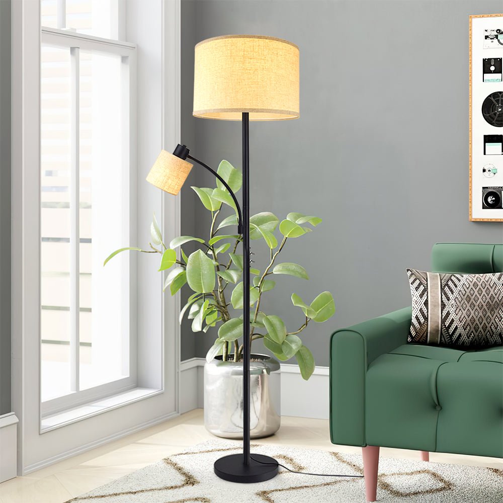 Rustic Modern Tall Pole Floor Lamp with 2 Adjustable Heads - Mother and Child Design, Fabric Drum Shade, 3000K Warm White Eye-Caring Light (Bulb Included) for Living Room, Bedroom, Study Room | Perfect for Reading, Working & Creating Cozy Atmosphere