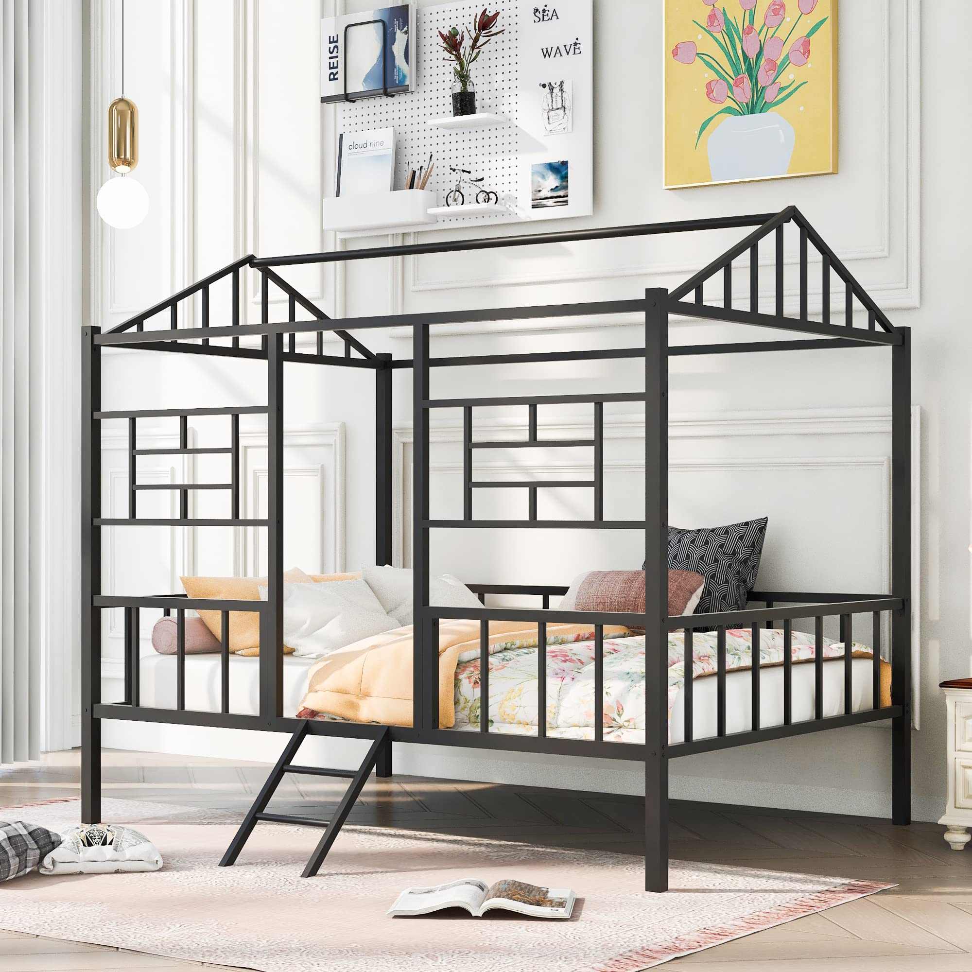 **Black Metal Full Size Loft Bed for Kids with Roof & Ladder - Playhouse Bed Frame for Boys & Girls - Perfect for Small Bedrooms, Playrooms & Sleepovers**