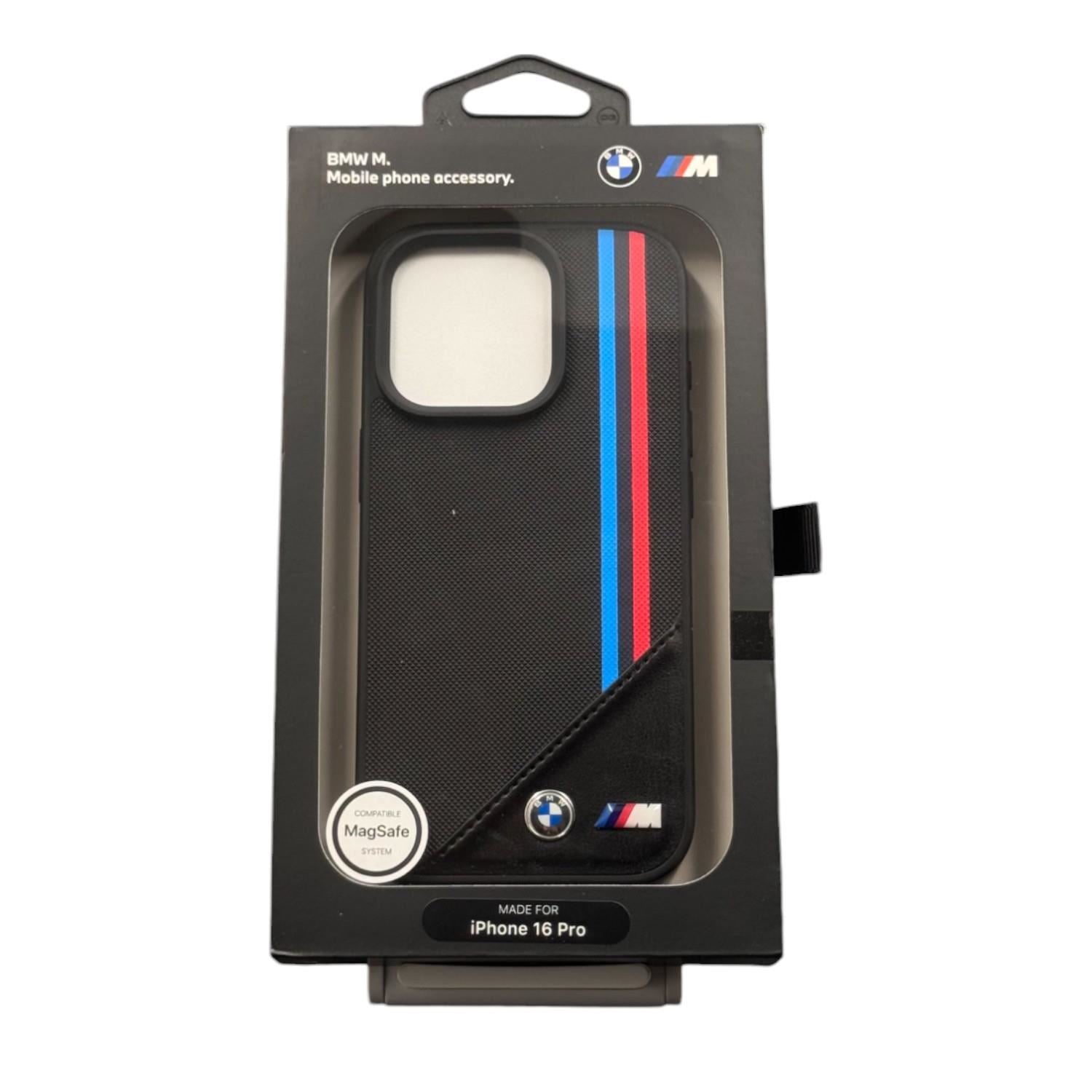 BMW M MagSafe iPhone 16 Pro 6.3 Case with Meshed Tricolor Stripes - Black Protective Cover | Perfect for Driving, Travel & Everyday Use (Model: BMHMP16L23PUTRK)