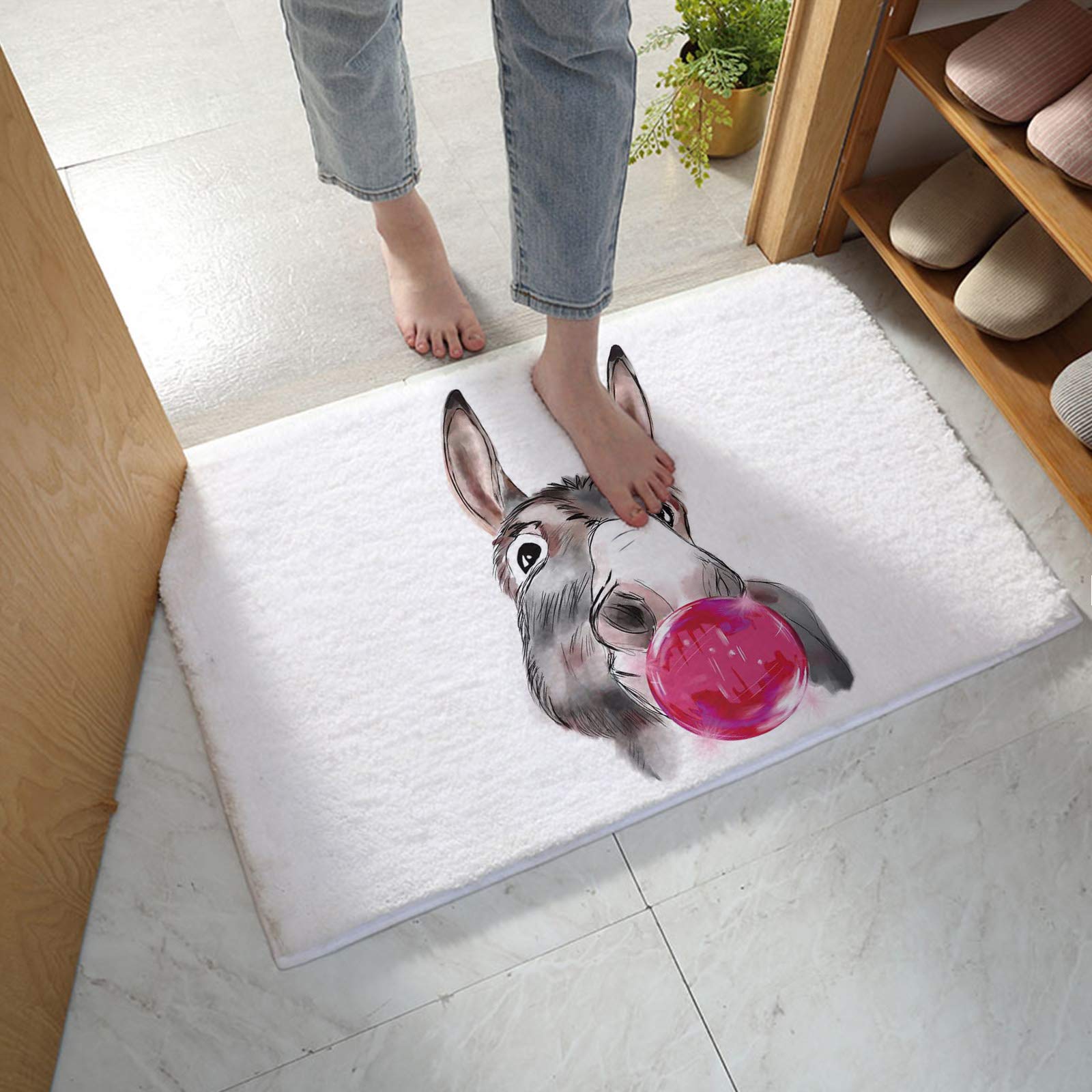 Soft Plush Microfiber Bathroom Rug - Cartoon Donkey Blowing Pink Bubbles Design, Non-Slip & Highly Absorbent Floor Mat for Bathroom, Shower, Laundry Room - Machine Washable & Durable