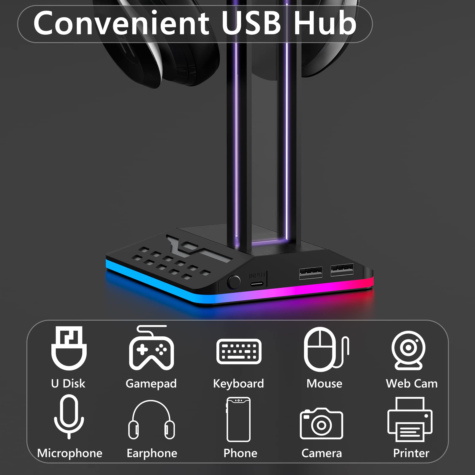 Geekria Premium ABS RGB Gaming Headphone Stand - Heavy Base Headset Holder for Sennheiser, Bose, Beats, Razer, AKG, Sony PS4 - Perfect for Desk Organization & Gaming Setup (Black)