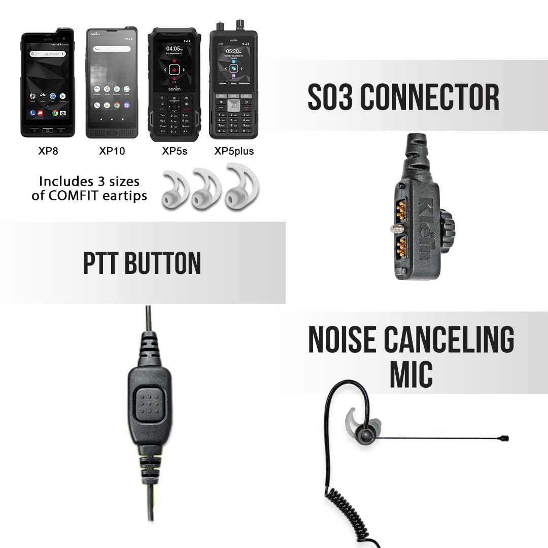 Klein Electronics Comfit® Noise Canceling Boom Microphone for Sonim XP5s XP8 XP5plus XP10 - Built-in Push to Talk Button with Clear Voice Transmission - Ideal for Construction, Security & Outdoor Work