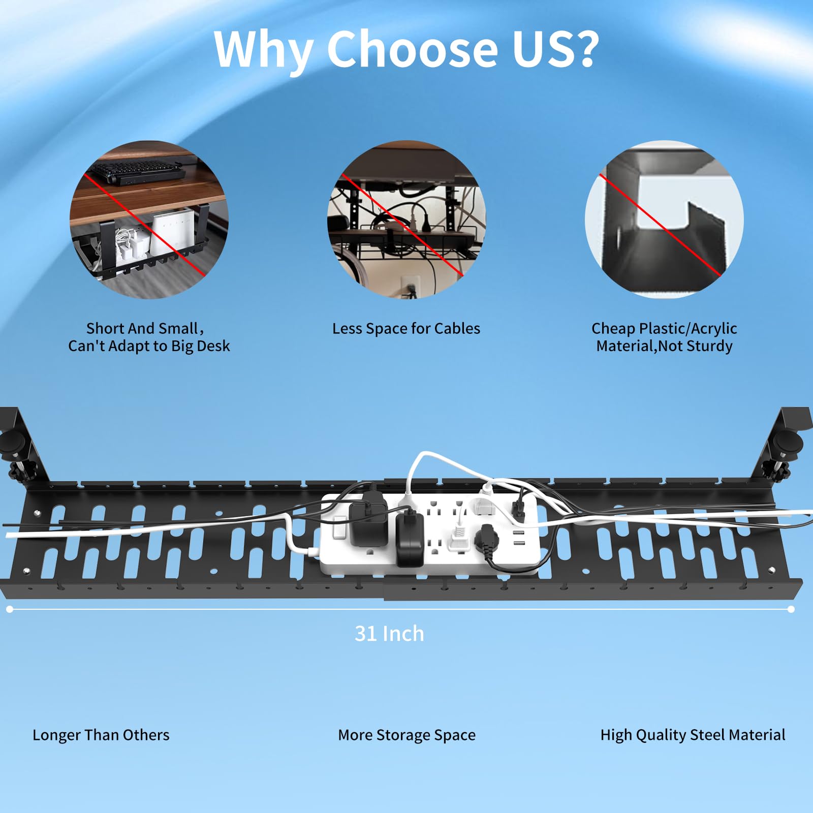 31 Inch Adjustable Under Desk Cable Management Tray - Metal Wire Organizer with Clamp for Power Strips & Cords | Perfect for Home Office, Gaming Setup & Workspace Organization