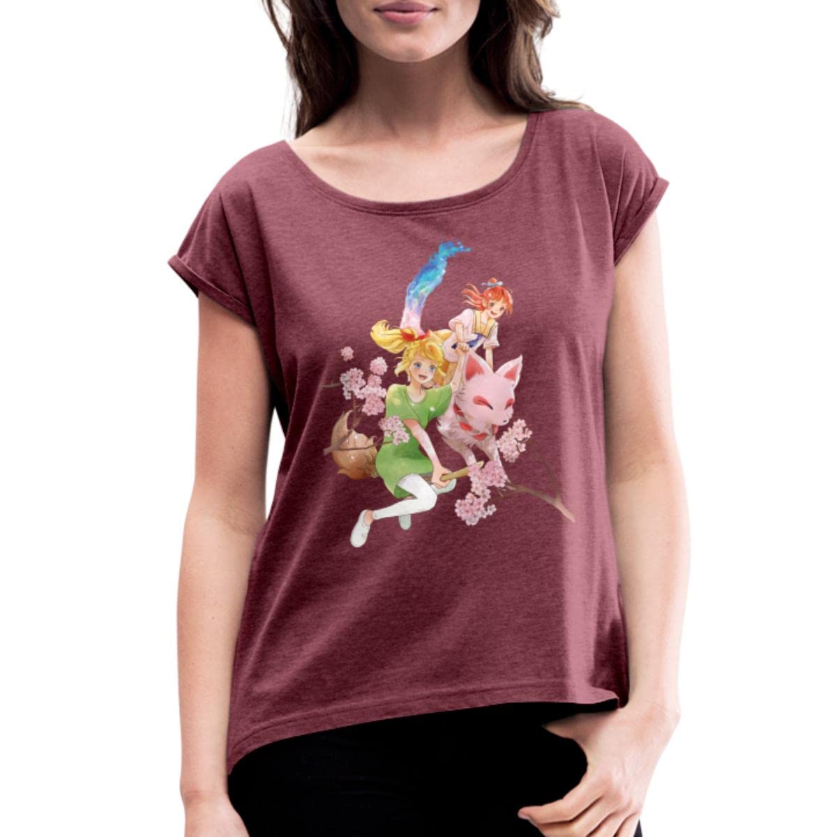 Bibi & Miyu Manga Fly Together Women's Rolled Sleeve Graphic T-Shirt | Anime Style Casual Tee for Women | Perfect for Cosplay, Conventions & Everyday Wear