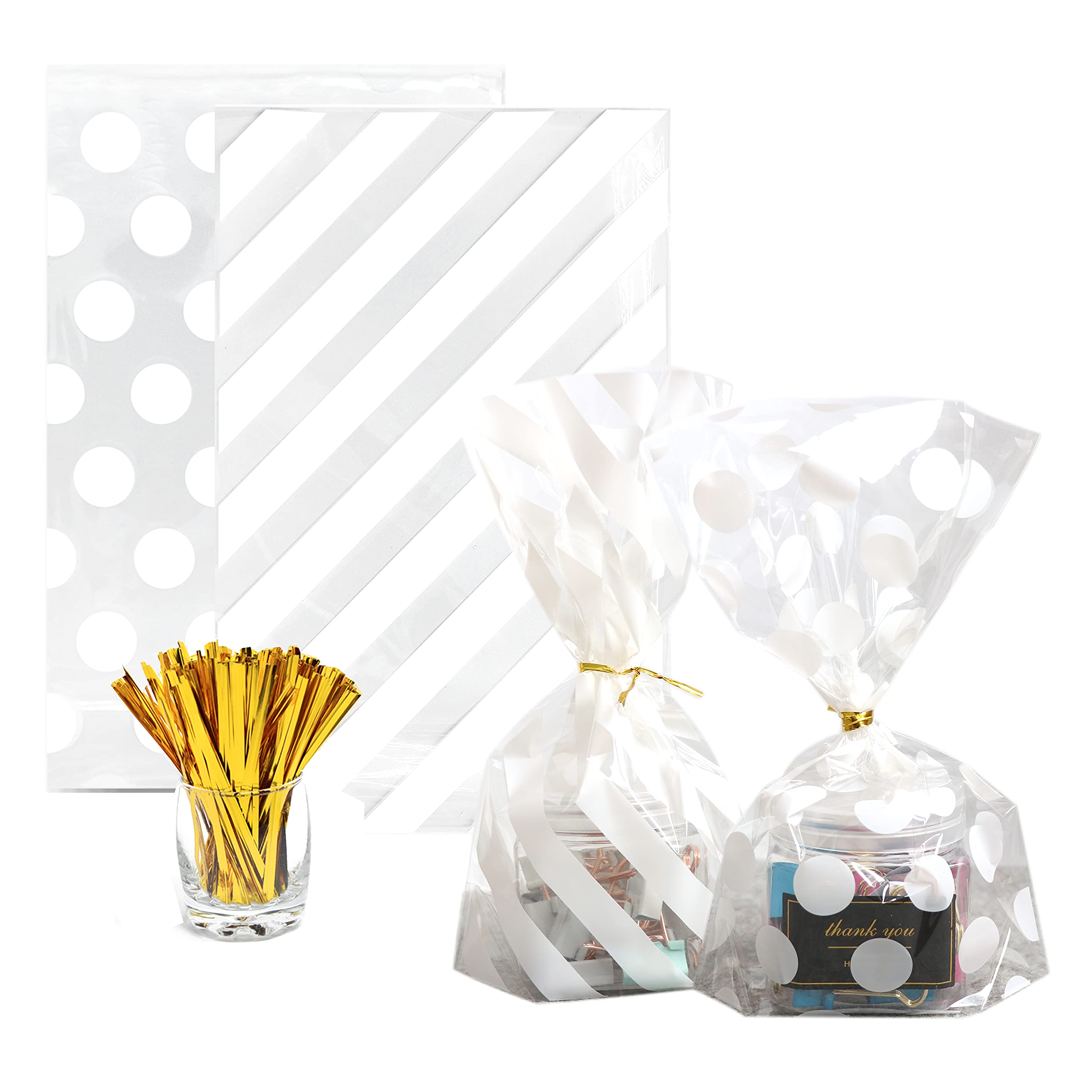100pcs White Polka Dot & Striped Gusseted Cellophane Bags 5x8x1.8 Inches with Gold Twist Ties - Premium Cookie Candy Popcorn Packaging Bags for Birthday Parties, Baby Showers, Wedding Favors & Holiday Gift Giving