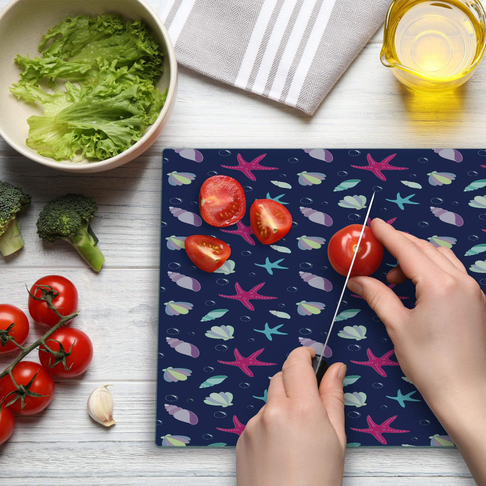 Ambesonne Navy and Blush Tempered Glass Cutting Board - Nautical Marine Pattern with Shells, Starfish & Bubbles - Large Decorative Serving Board for Kitchen, Dining & Entertaining - Perfect for Seafood, Cheese & Charcuterie Displays