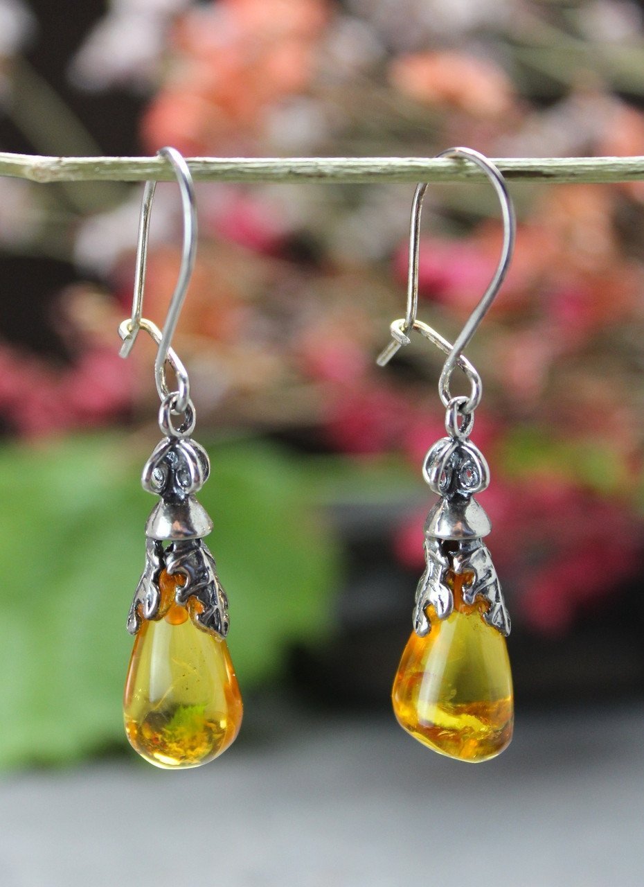 Handmade Amber and Sterling Silver Teardrop Earrings for Women - Elegant Dangle Jewelry for Parties, Weddings & Special Occasions
