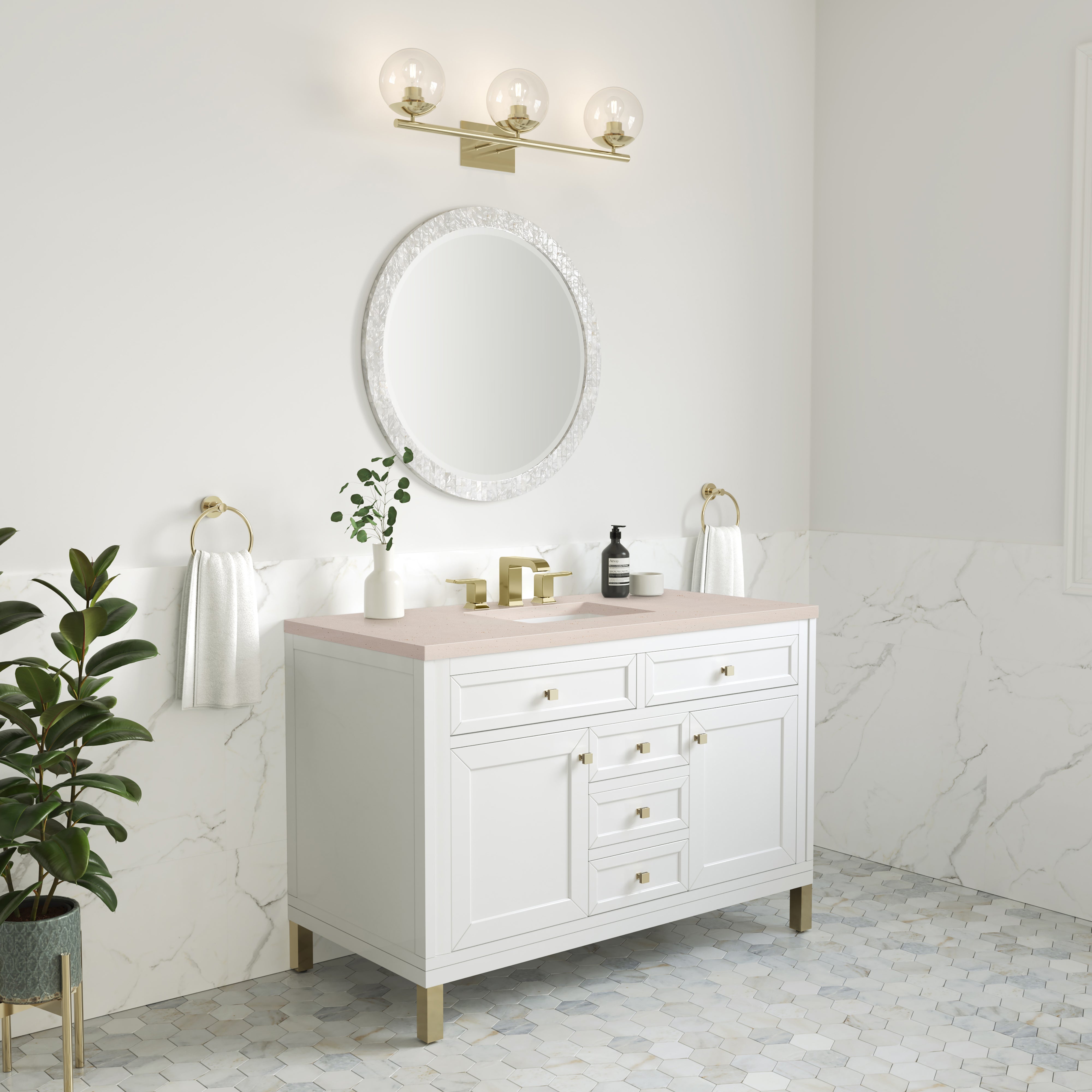 Chicago 48 Inch Single Bathroom Vanity Set - Glossy White Finish with 3CM Eternal Marfil Stone Top | Perfect for Modern Home Bathroom Renovation & Small Space Design
