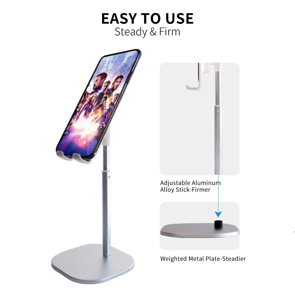 Adjustable Aluminum Phone Stand & Tablet Holder for Desk - Durable Cell Phone Stand for iPhone, Samsung, Google Pixel - Perfect for Office, Home, Video Calls & Hands-Free Viewing