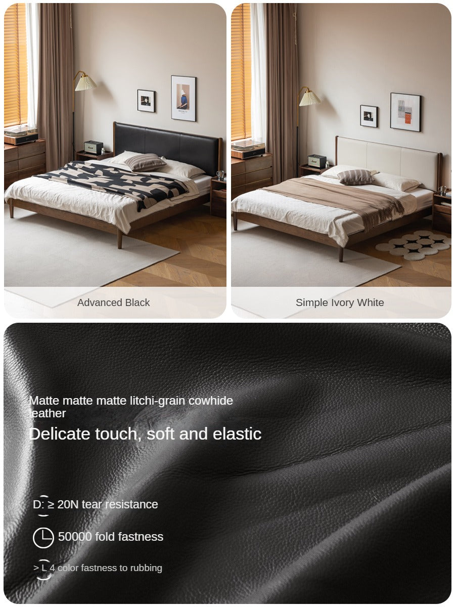Italian Light Luxury Oak Solid Wood Leather Soft Bed - Elegant and Durable Bed Frame for Master Bedroom, Guest Room, or Modern Home Decor