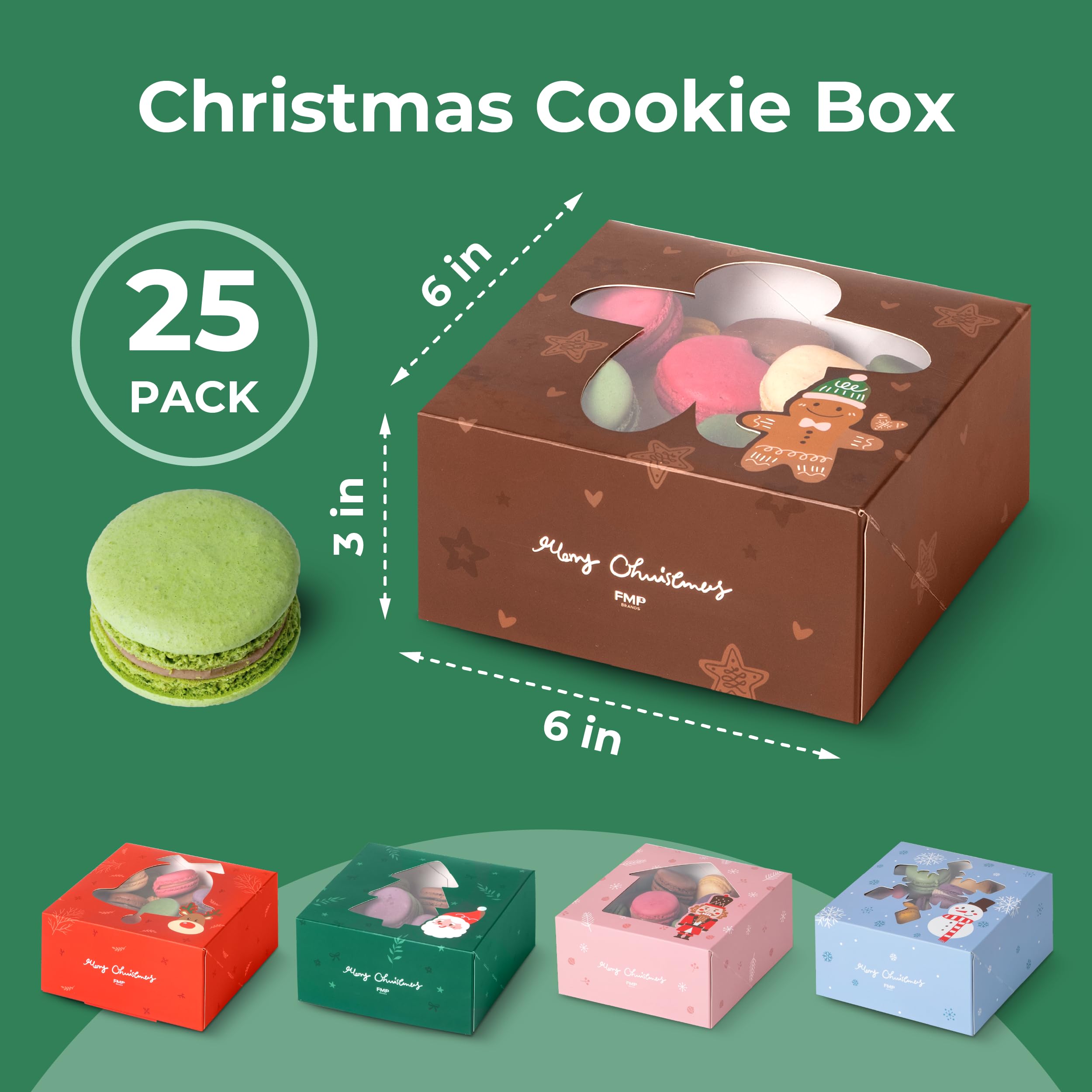 25 Pack Christmas Cookie Boxes with Window - 6x6x3 Inches Auto-Popup Small Treat Gift Boxes for Holiday Baking, Candy, Chocolate & Cupcakes | 5 Color Bakery Packaging for Parties, Gifts & Festive Treats