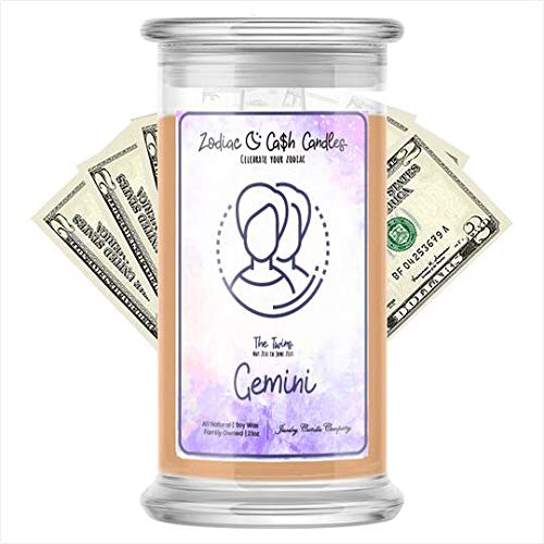 Gemini Zodiac Cash Money Candles - Surprise Cash Prize $2-$2,500 | 21oz Soy Wax Candle in Glass Jar | Refreshing Cucumber Melon Scent | Perfect for Birthday Gifts, Home Decor & Zodiac-Themed Parties