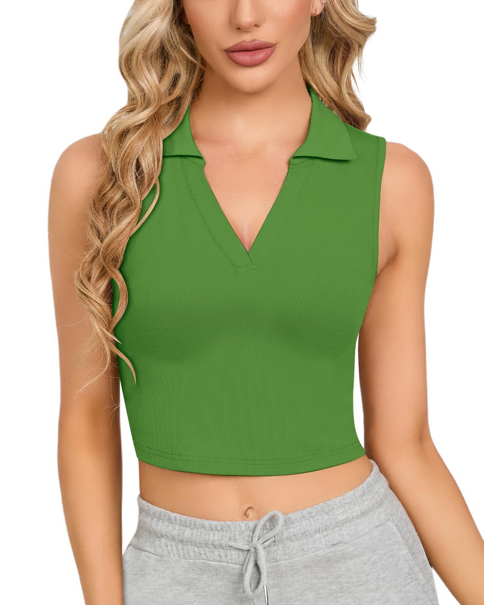 CLOZOZ Women's Polo Crop Top - V Neck Ribbed Sleeveless Collar Shirt, Trendy Summer Fashion for Casual Outings, Beach Wear & Street Style