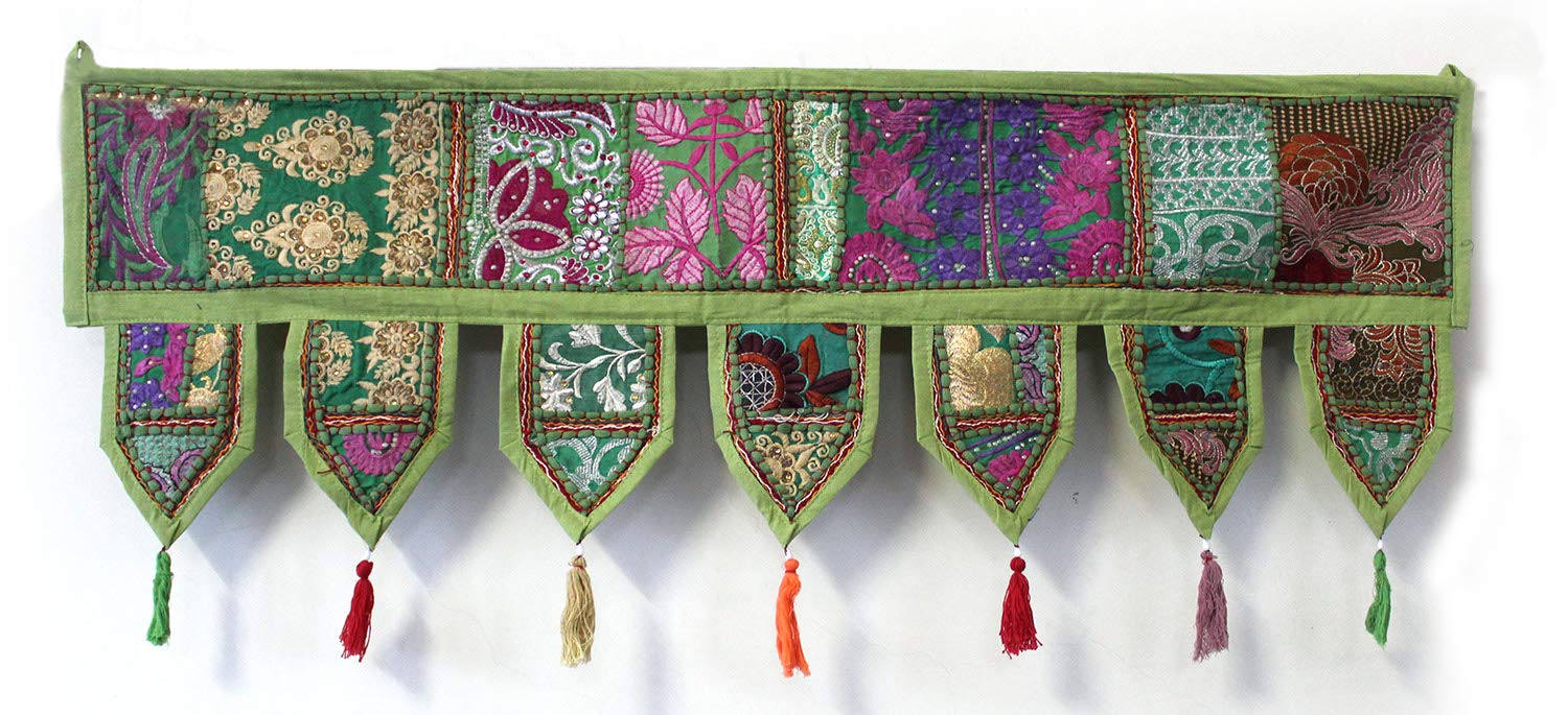 Hand Embroidered Bohemian Cotton Vintage Patchwork Window Valance - 42 Inch Green Toran Door Hanging for Living Room & Bedroom Decor | Perfect for Boho Home Decor, Wall Hangings and Window Treatments