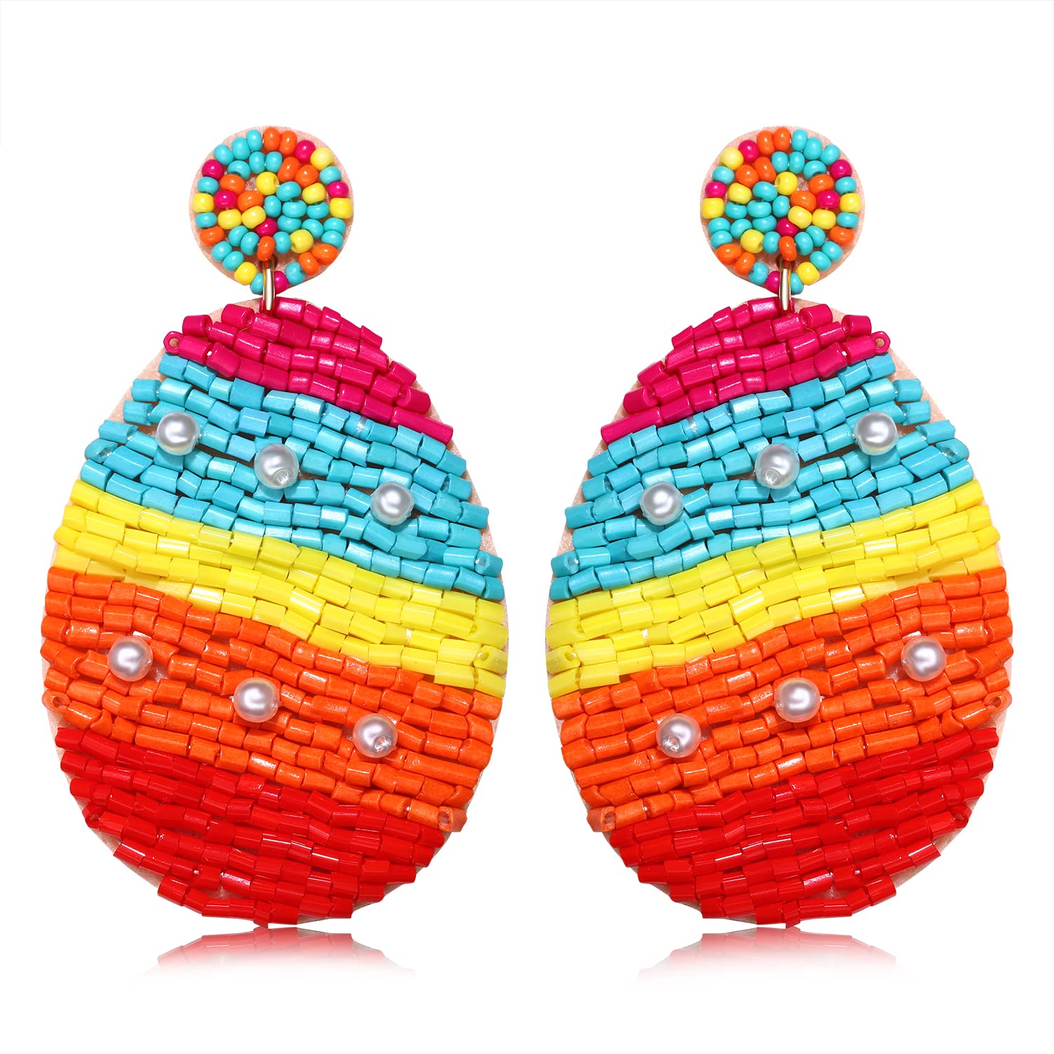 Easter Beaded Drop Earrings for Women - Boho Handmade Pearl Rainbow Egg Dangle Earrings - Perfect for Easter Celebrations, Spring Parties & Boho Fashion Accessories
