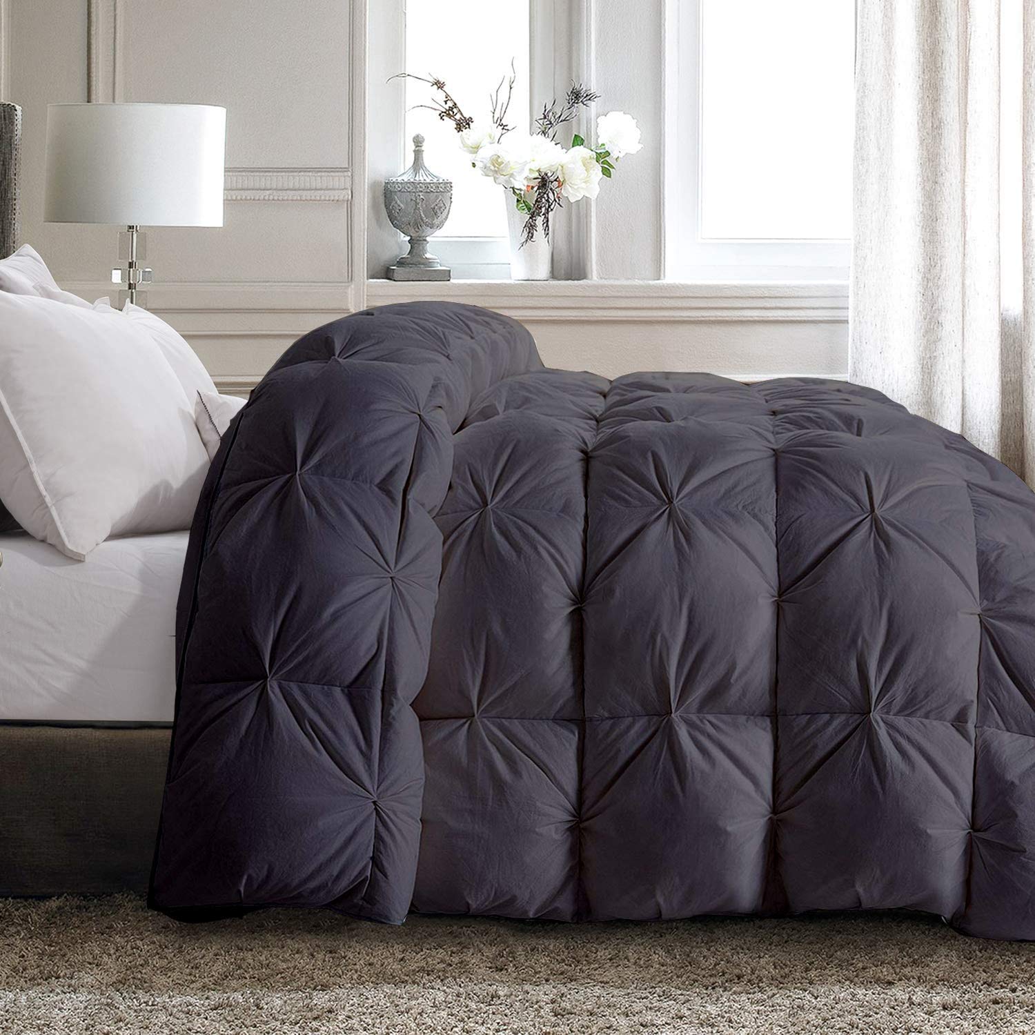 Premium Dark Grey Pinch Pleat Goose Down Comforter Set - Twin/Twin XL Size, 100% Egyptian Cotton Duvet Insert, 500 GSM Fill Power, 800 Thread Count with Corner Tabs & Baffle Box Design - Includes 2 Pillowcases (3-Piece Set) for Luxurious Bedroom Decor & Cozy Winter Nights