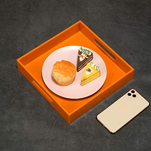 Orange Acrylic Serving Tray with Handles - 10x10 Inch for Kitchen, Vanity & Ottoman