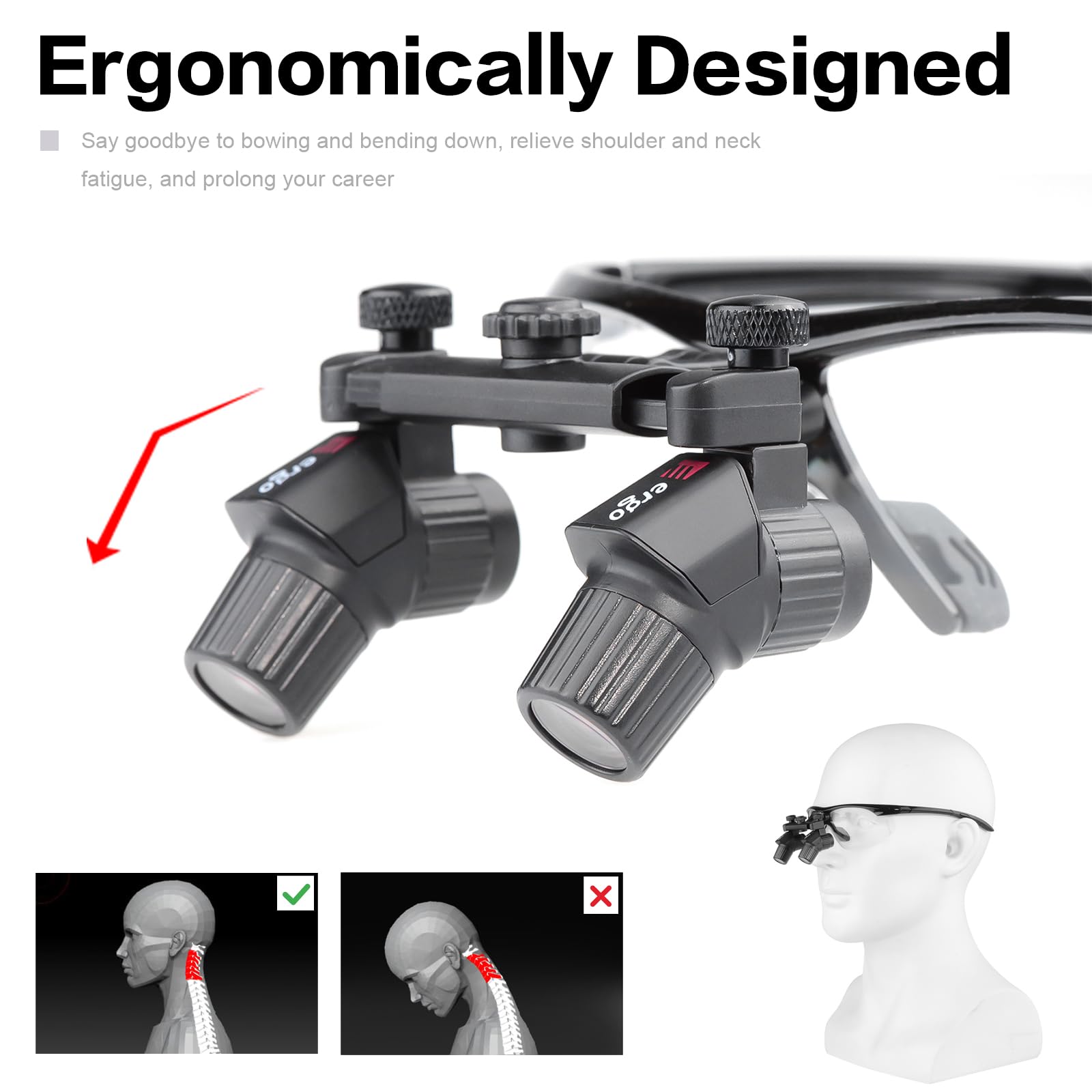 4.0X Plastic Frame Ergonomic Binocular Loupes - Adjustable Bend Head Magnifying Glasses with 450mm Working Distance (DY-119) - Perfect for Jewelry Making, Watch Repair & Dental Work
