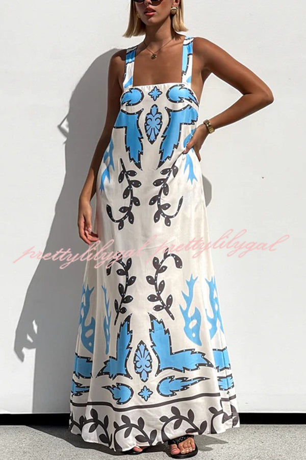Stylish Square Neck Open Back Lace-Up Flowy Maxi Dress with Unique Print - Perfect for Beach Vacations, Summer Parties & Boho Fashion