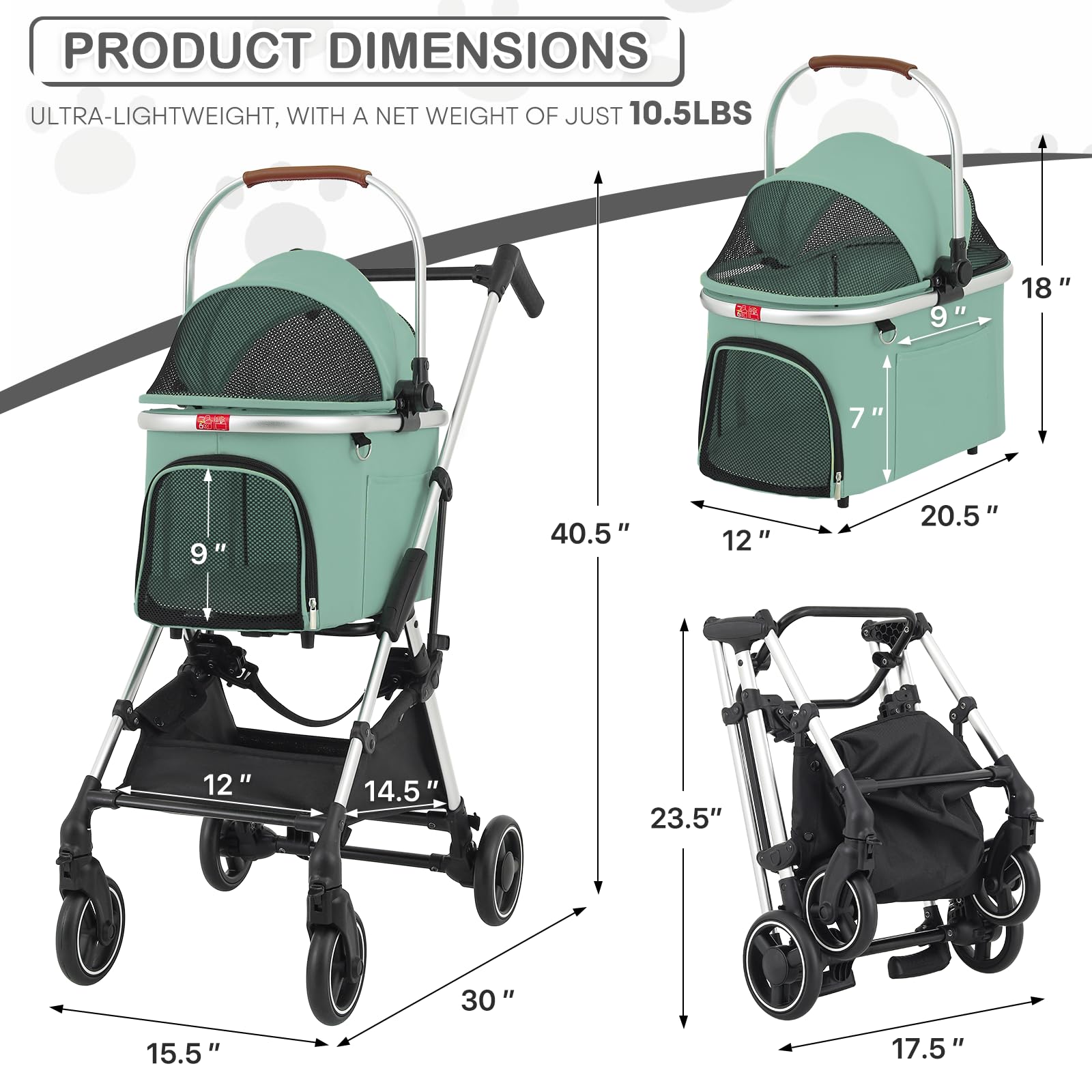 MoNiBloom Lightweight Pet Stroller for Small & Medium Dogs - Foldable Jogging Stroller with Detachable Carrier & Durable Aluminum Frame (Mint Green) - Perfect for Outdoor Walks, Park Visits & Travel Adventures