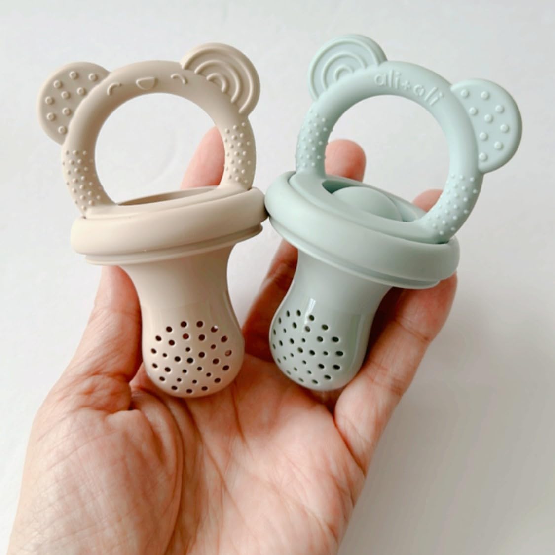 Ali+Oli (3-Pc) BPA-Free Food-Grade Silicone Baby Fruit Feeder & Teether Set with Freezer Tray - Mist Taupe | Infant & Toddler Soothing Pacifier for Fresh Fruits, Breastmilk & Teething Relief | Perfect for On-the-Go Feeding & Pain Relief