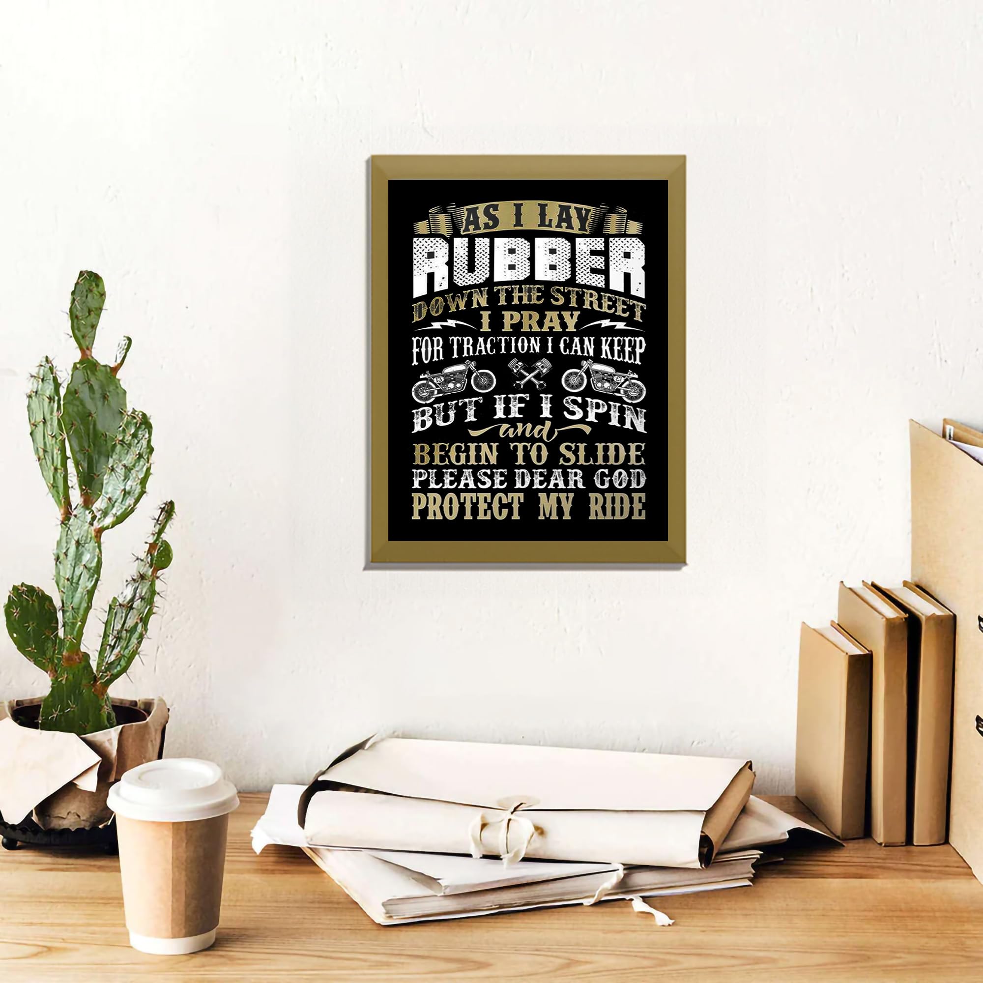 Funny Garage Wall Art Print - 'Lay Rubber & Dear God Protect My Ride' - 8x10 Inch Unframed Motorcycle Decor for Man Cave, Home Office, Bar & Garage - Perfect Gift for Gearheads & Bikers
