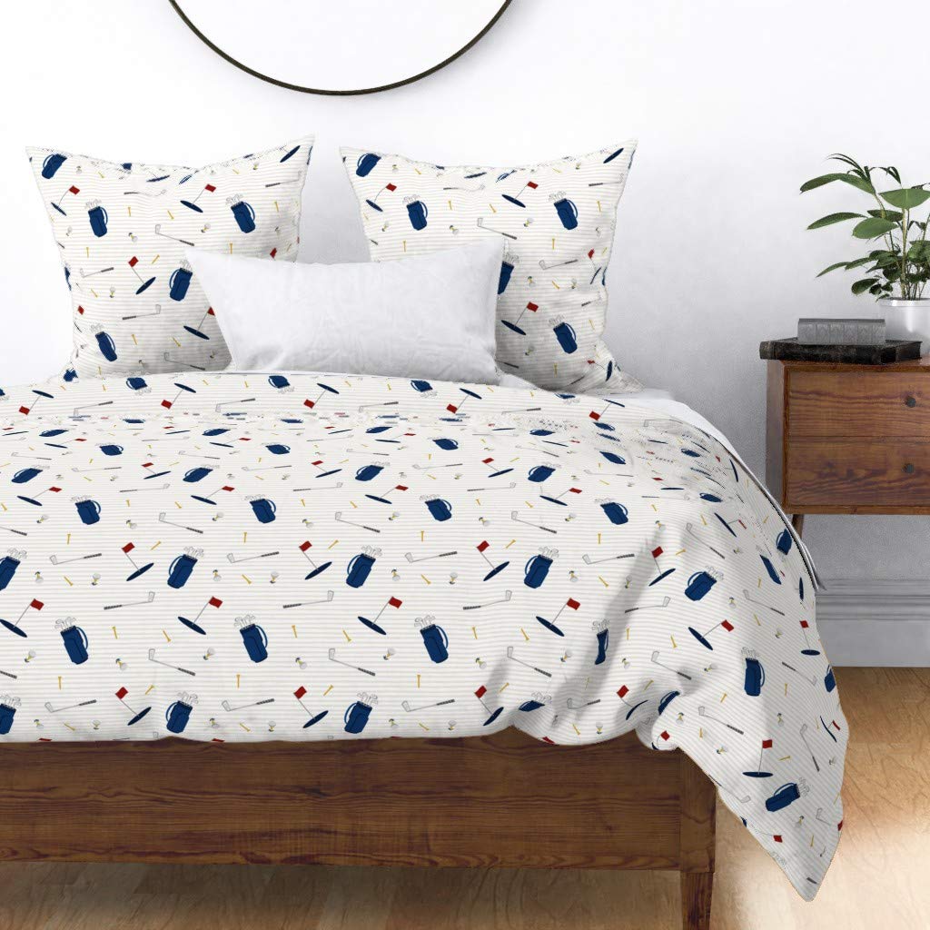 Custom Golf Themed Tee Time Navy Tan Duvet Cover - Full/Queen Size Cotton Sateen Bedding with Little Arrow & Sports Ball Print | Perfect for Baby Boy's Nursery, Sports-Themed Bedroom Decor